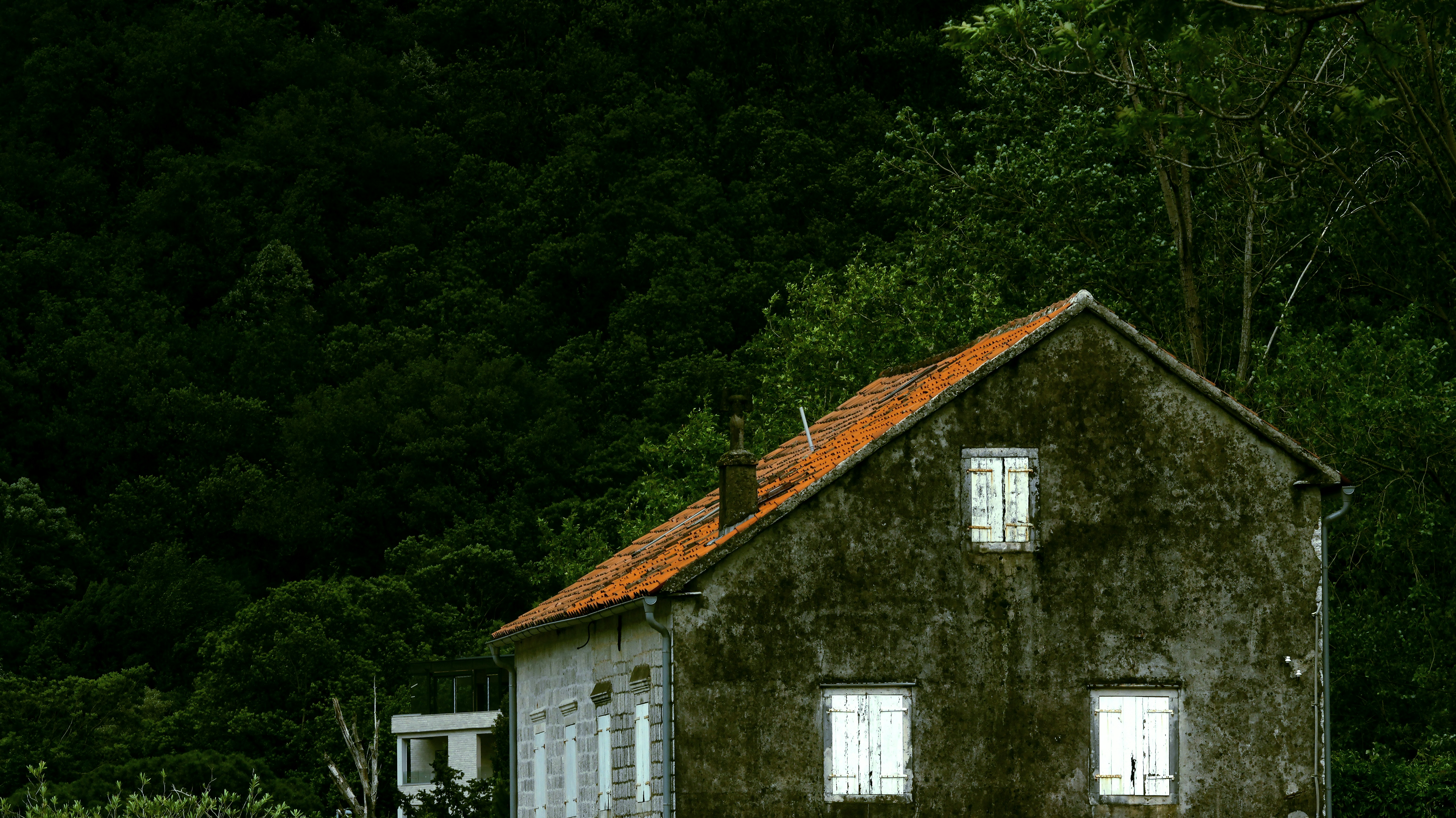 A weathered stone house with an orange roof against a dense forest