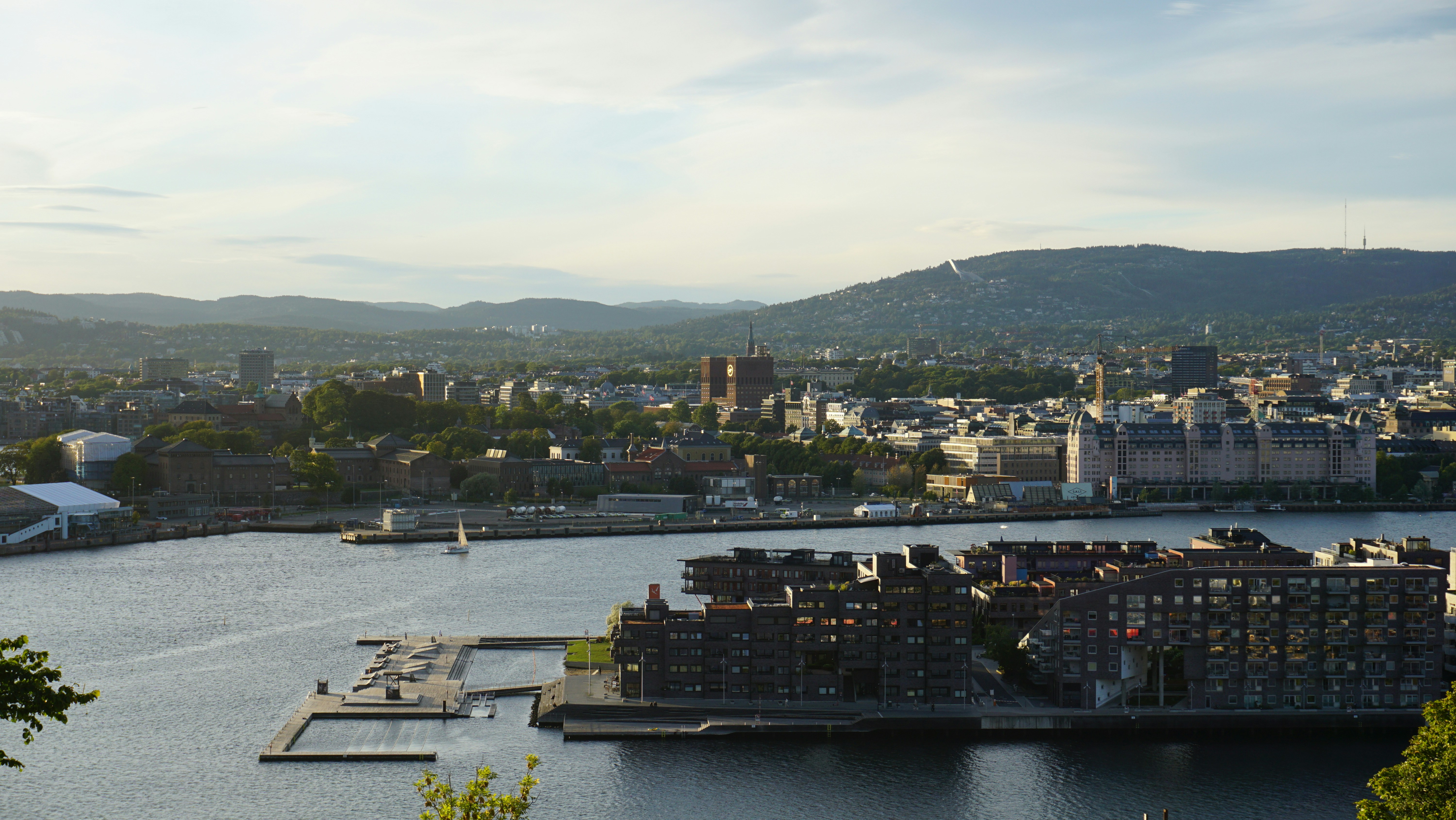 A view of the Oslo harbor and city skyline under a soft sky