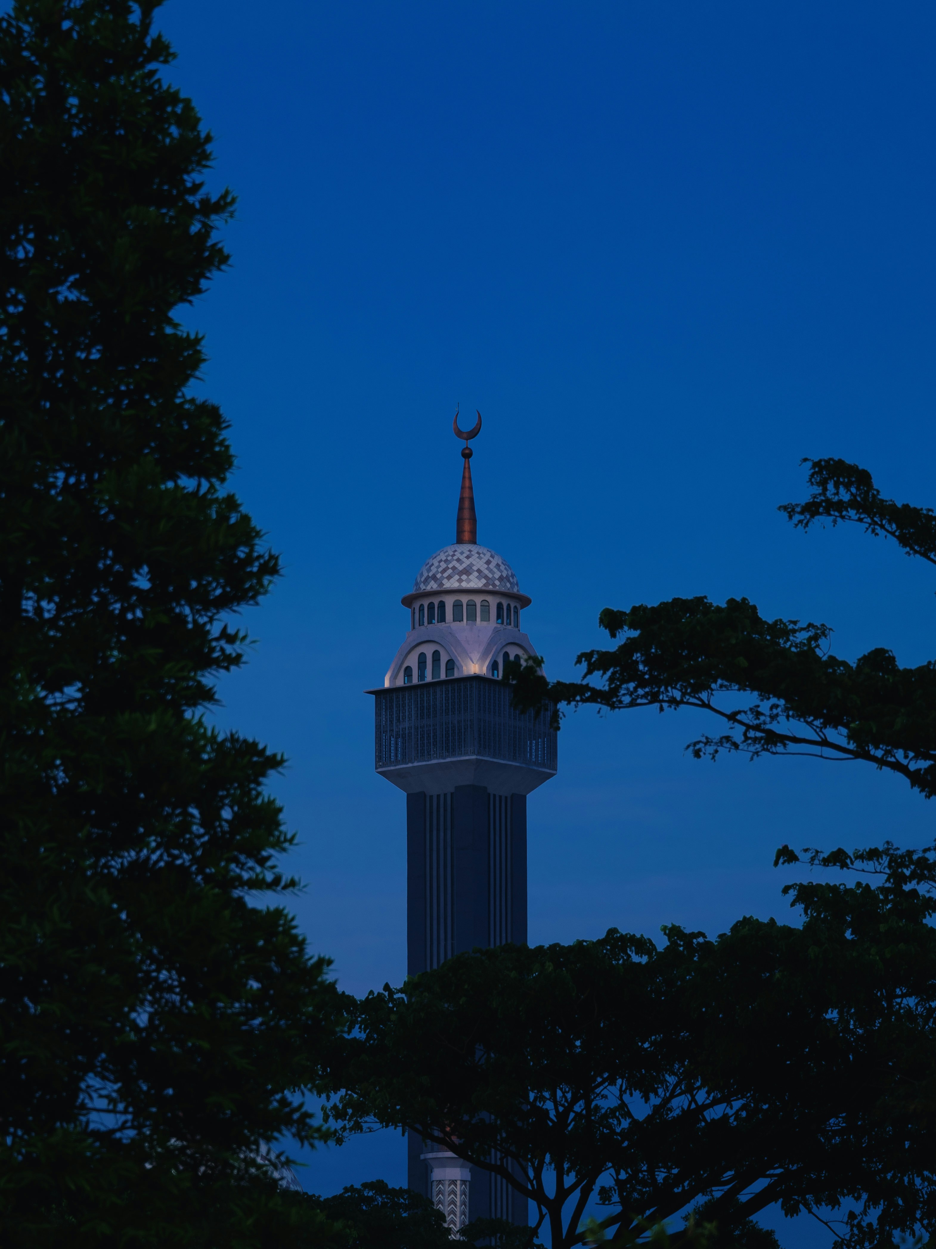 A mosque minaret with a crescent moon finial framed by dark tree silhouettes
