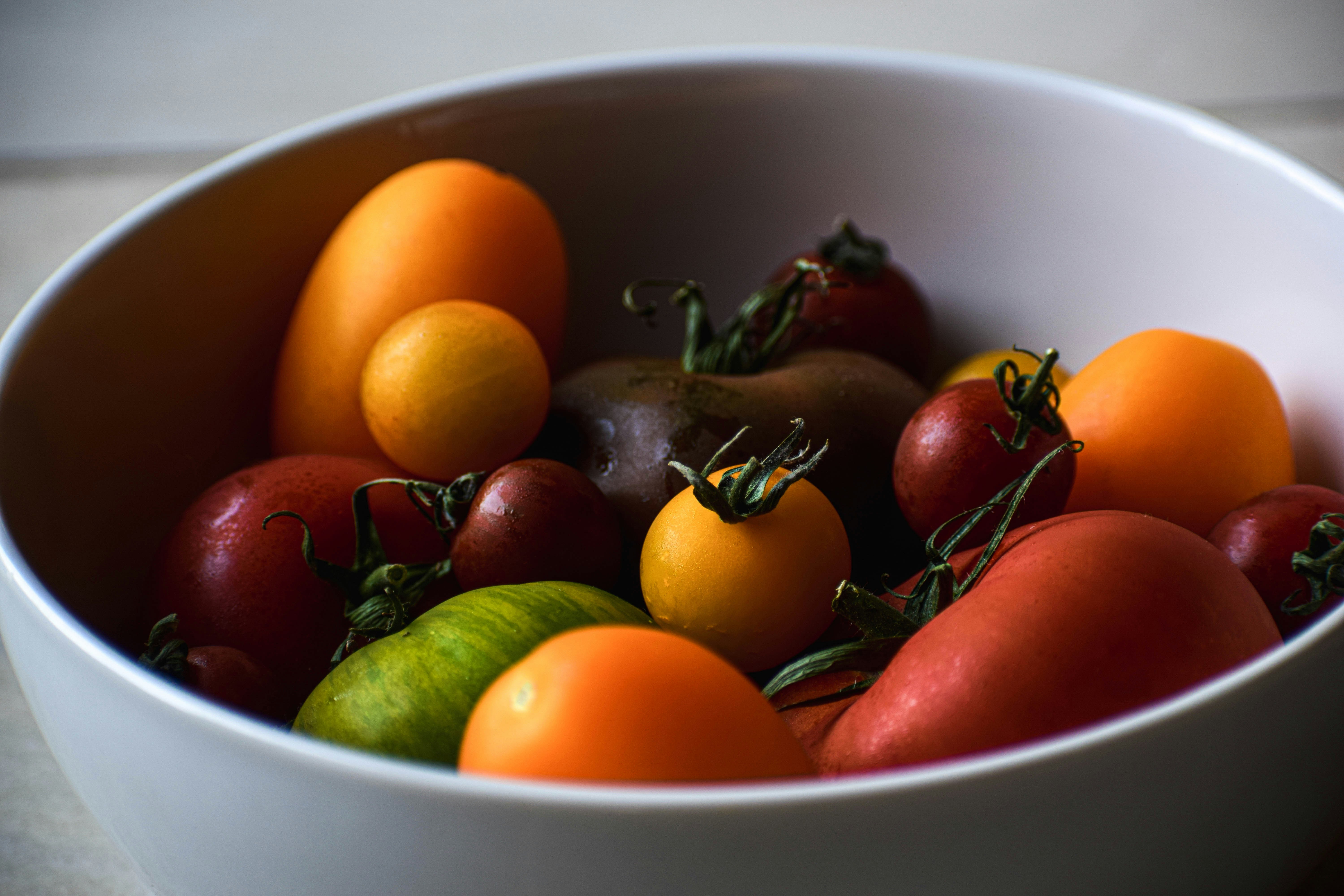 Bowl of colourful heirloom tomatoes