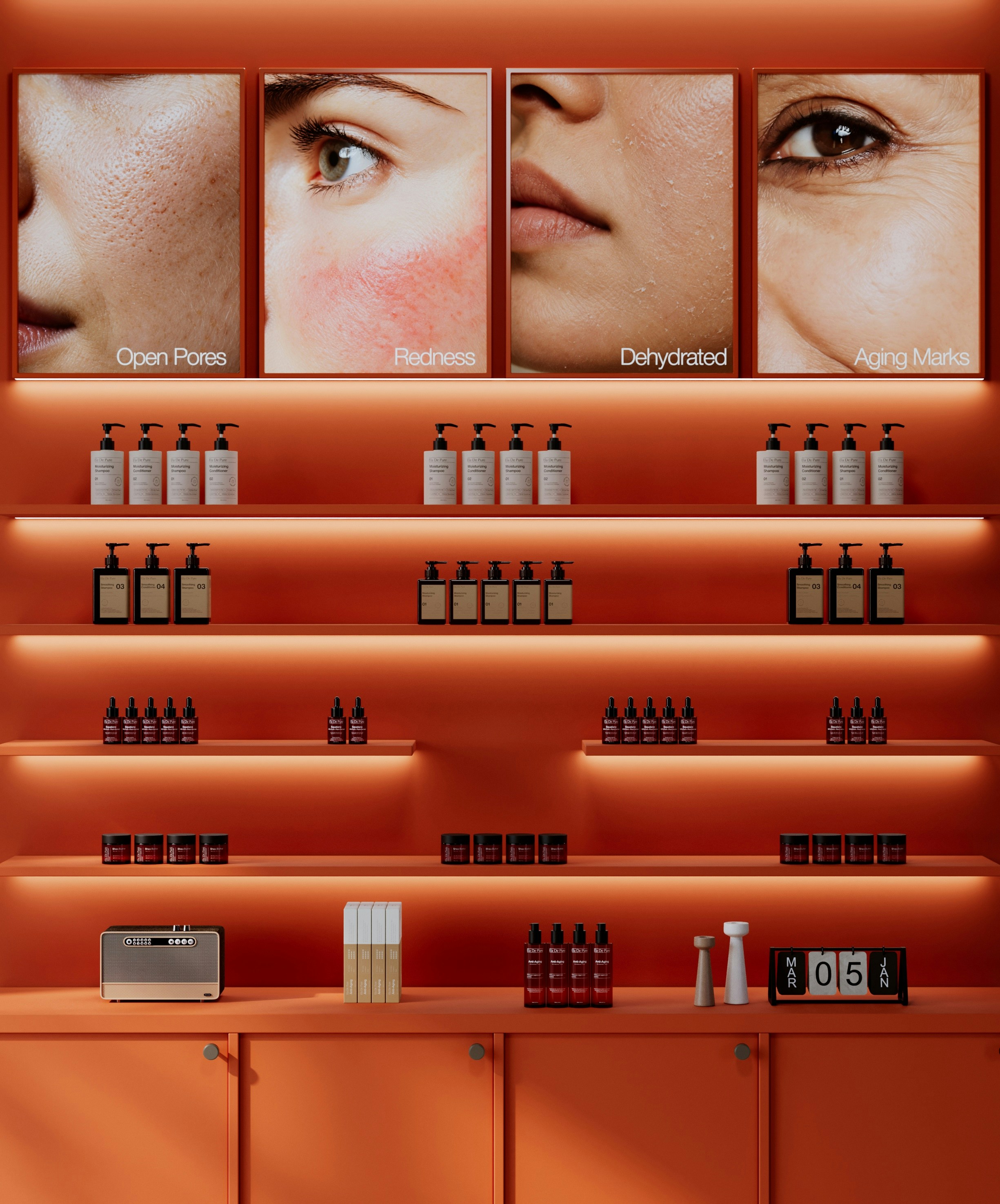 Skincare products on illuminated orange shelves below posters showing skin conditions