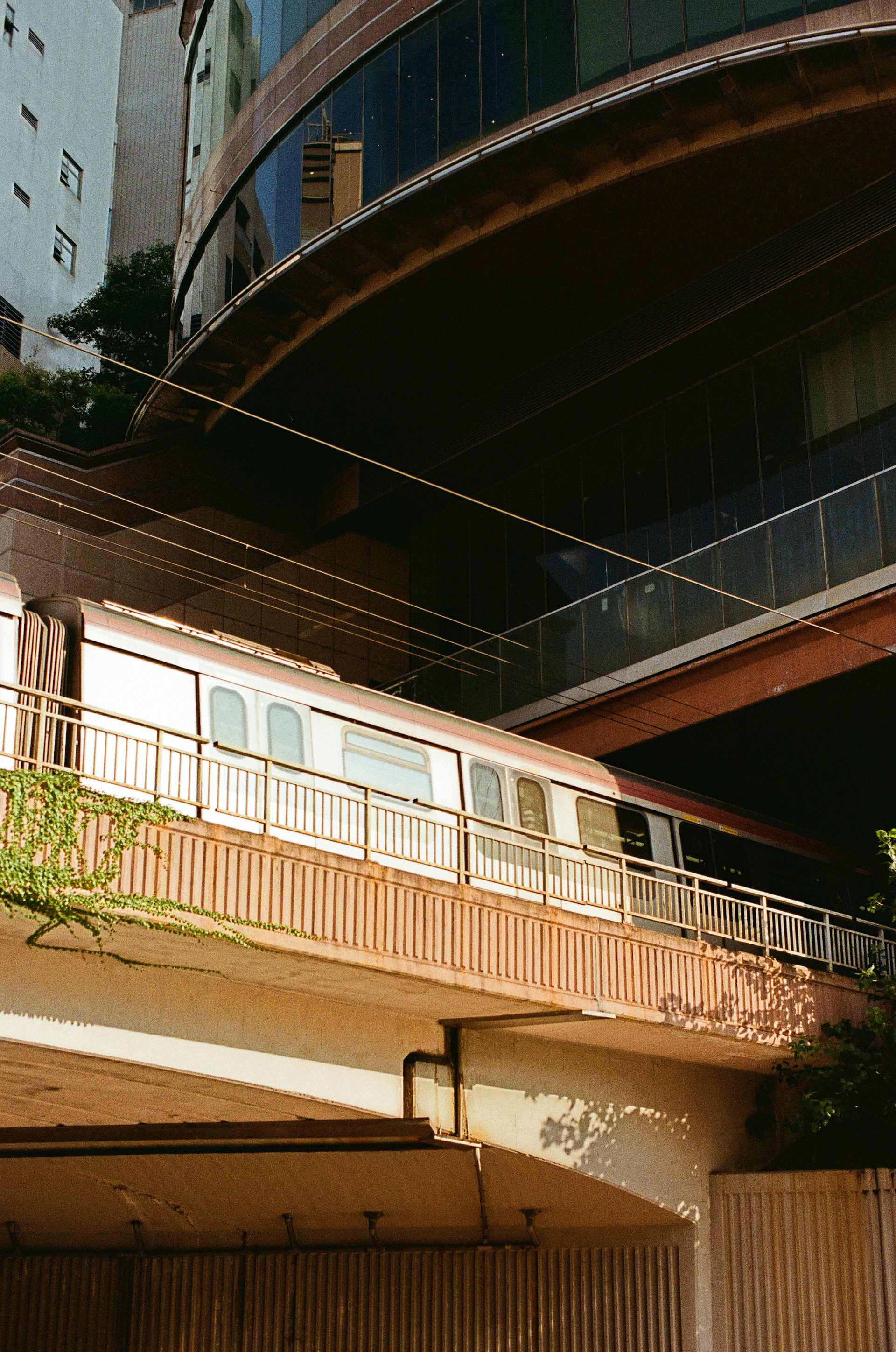 A train on an elevated track passing beneath a modern glass building