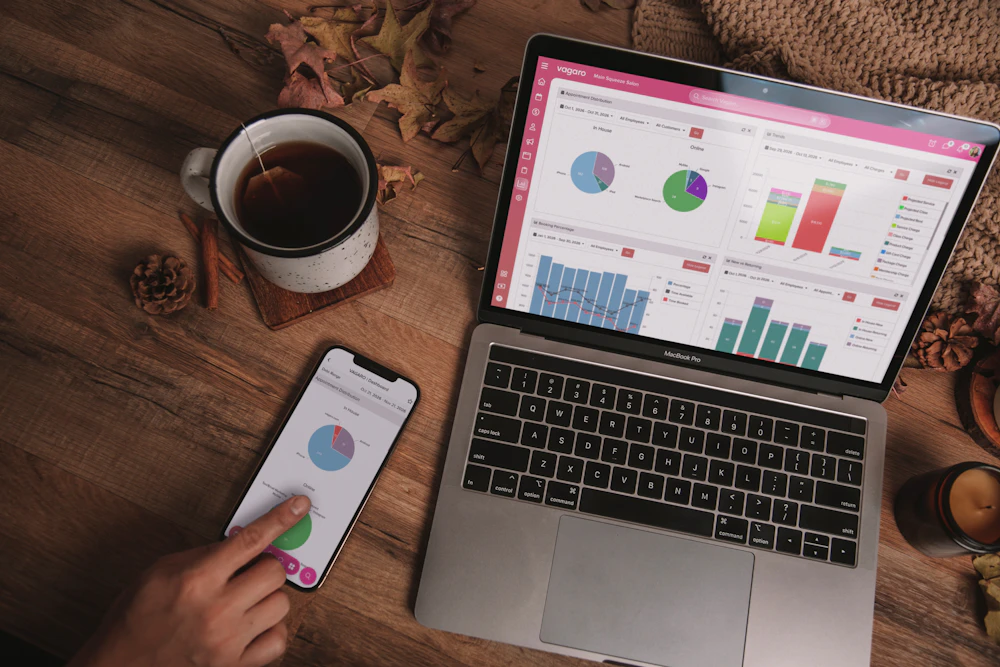 A laptop and phone showing website analytics charts on a timber desk beside a mug of tea