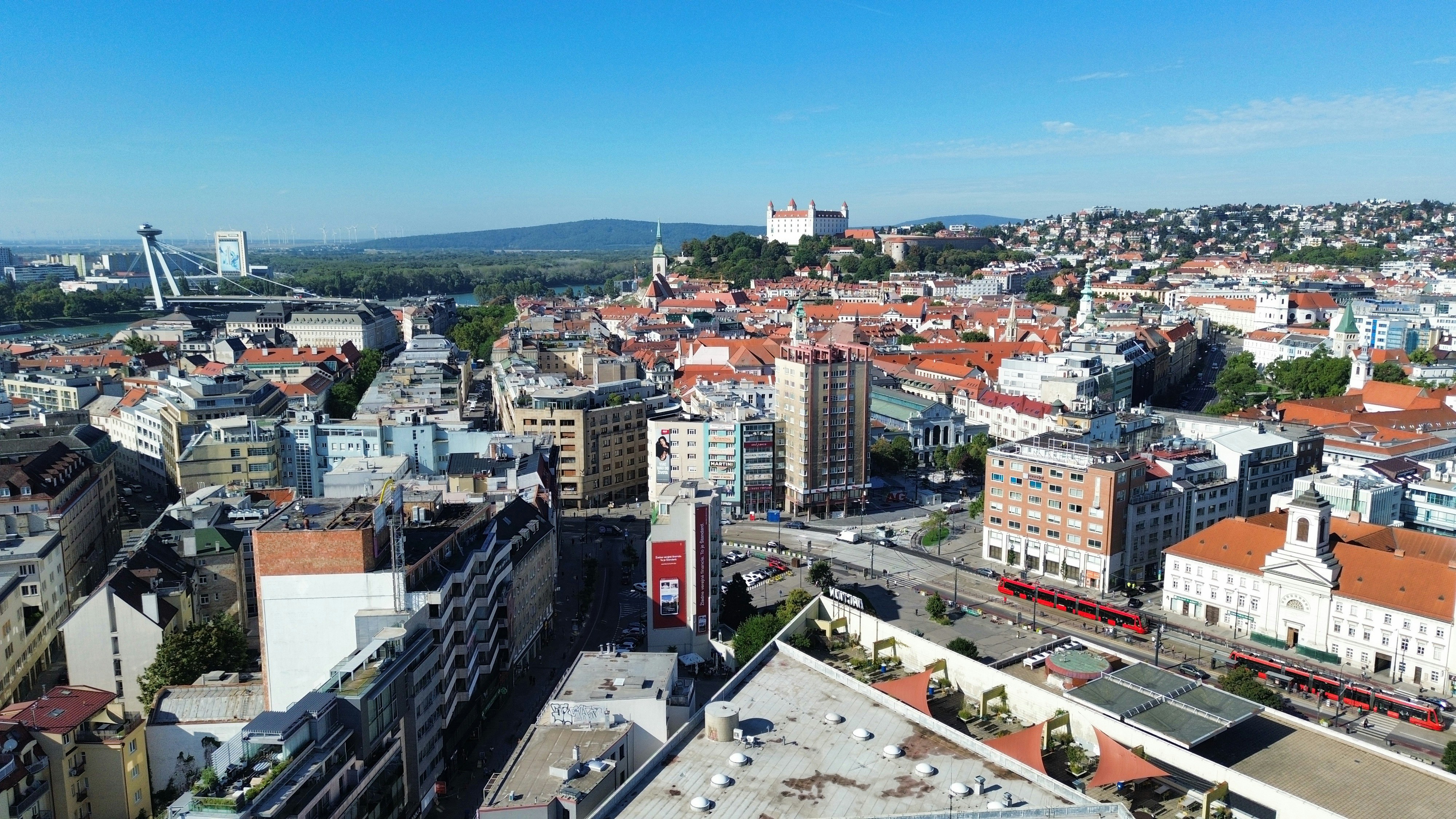 Aerial view of Bratislava with the castle on a hill and the Danube river