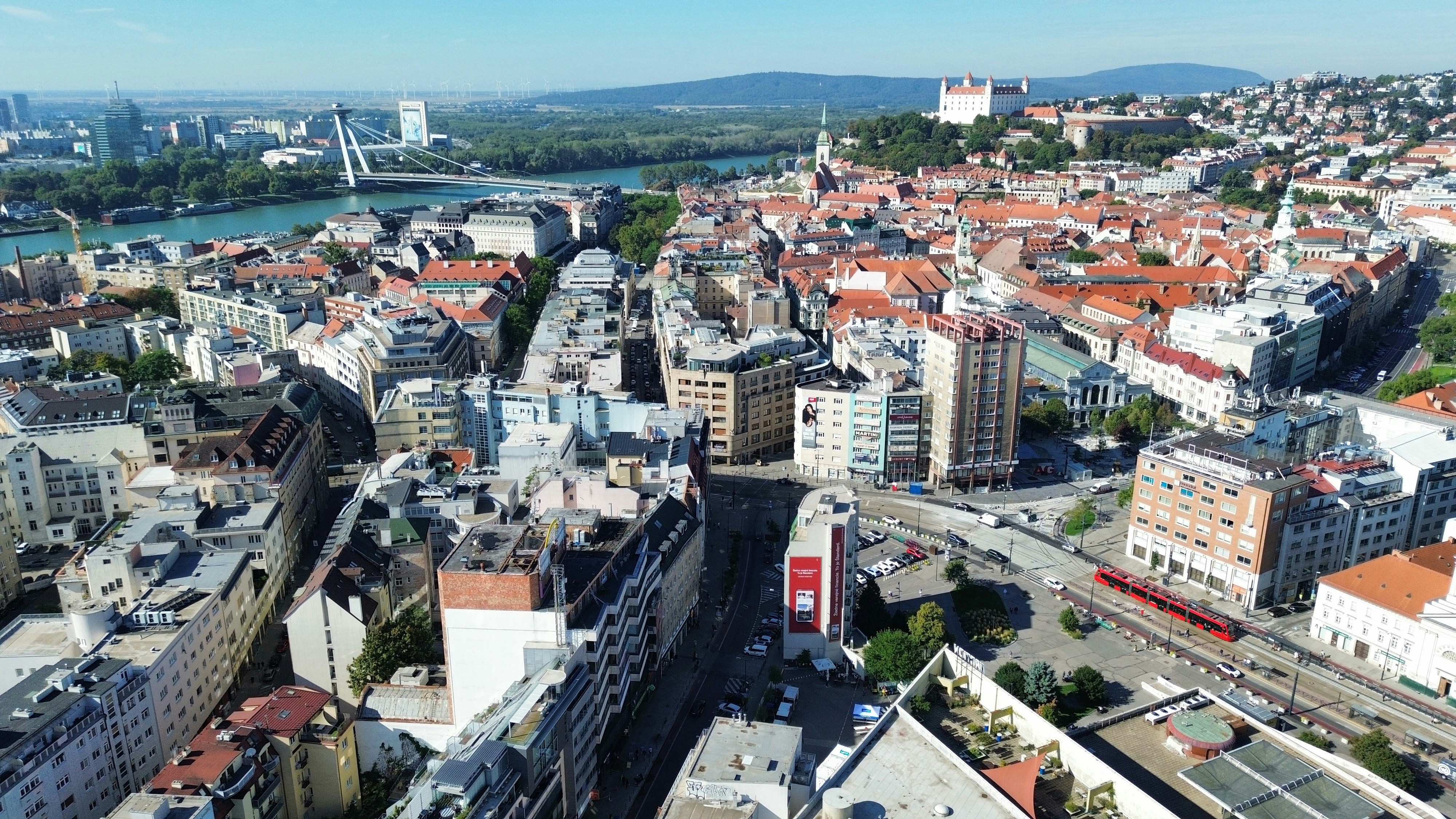 Aerial view of Bratislava with the Danube river and castle in Slovakia