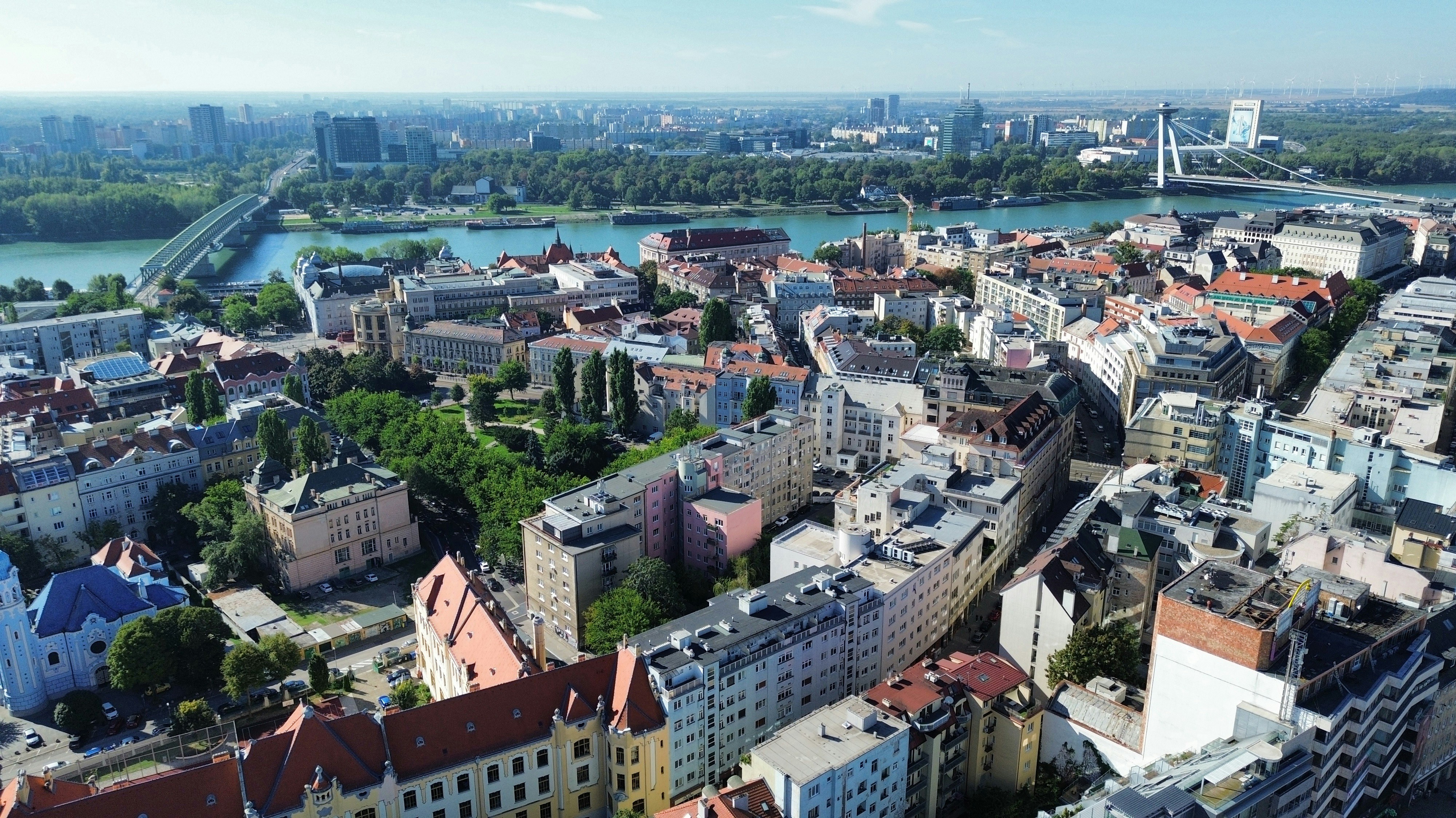 Aerial view of the Danube river and the city skyline of Bratislava, Slovakia