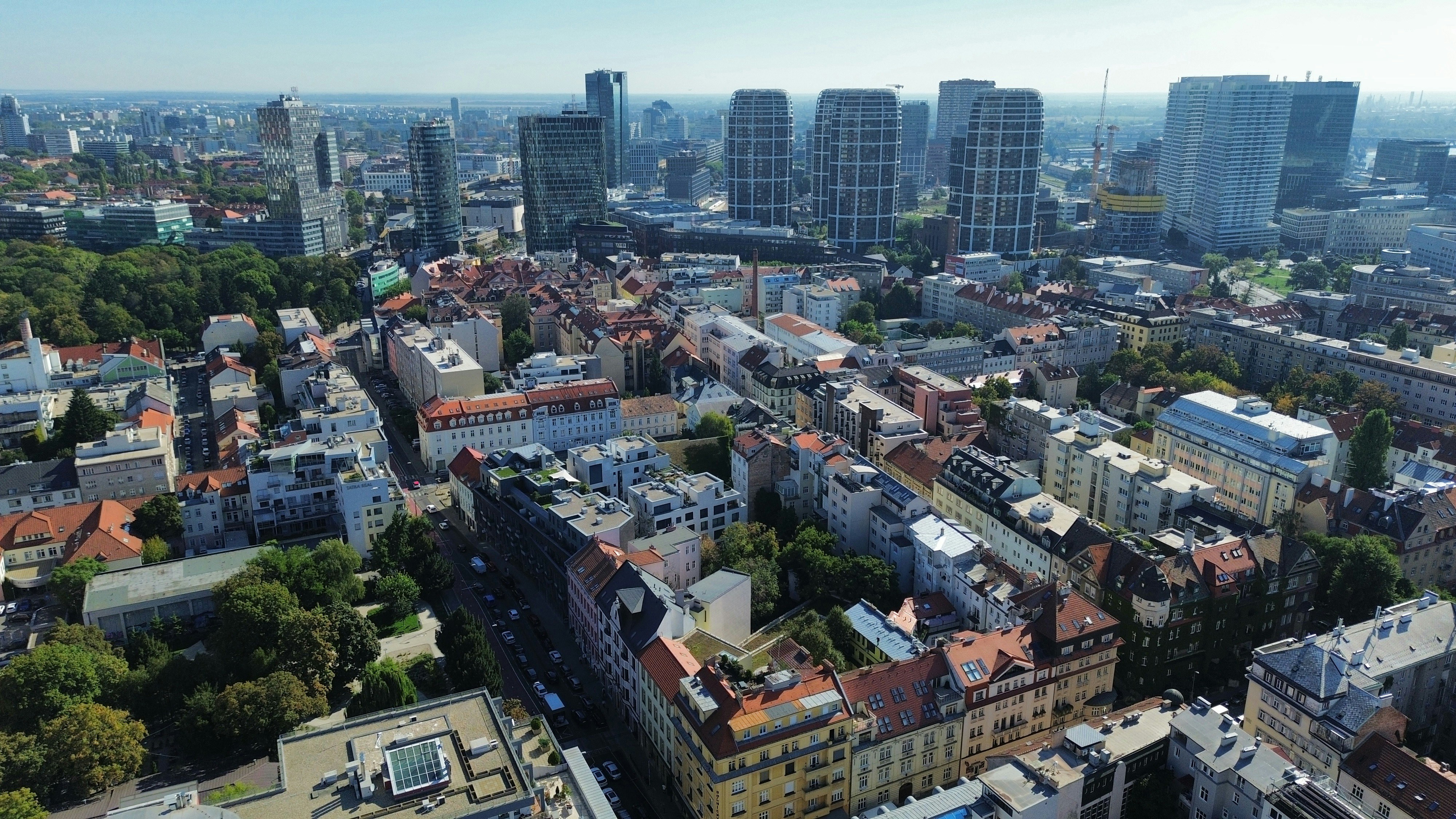Aerial view of the city skyline and dense residential buildings in Bratislava