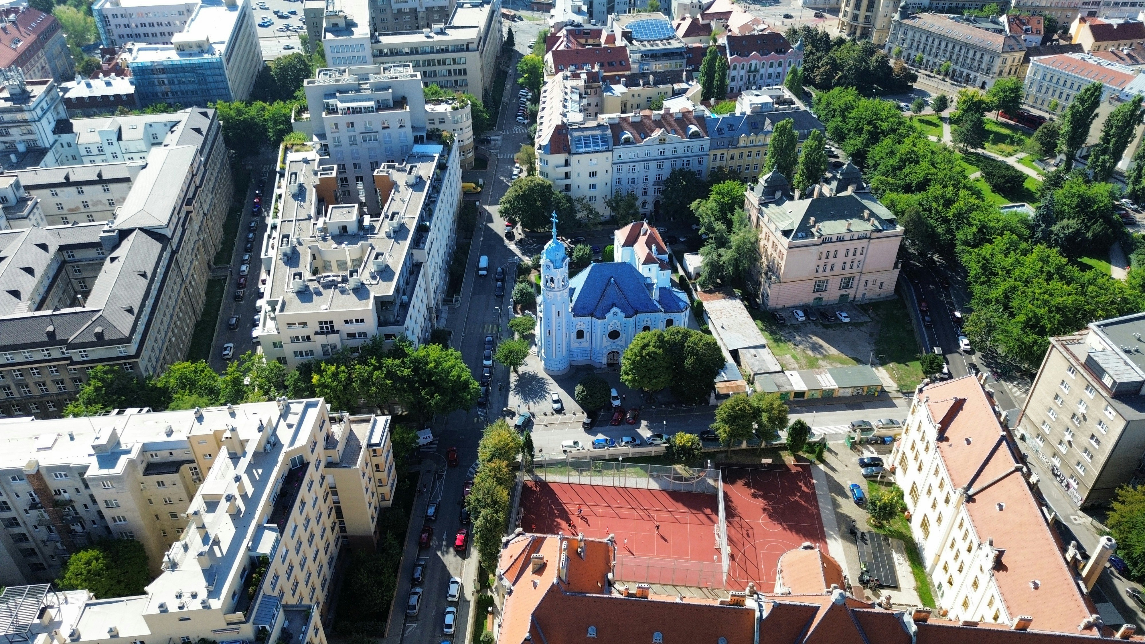 An aerial view of the blue Church of St Elizabeth in Bratislava, Slovakia