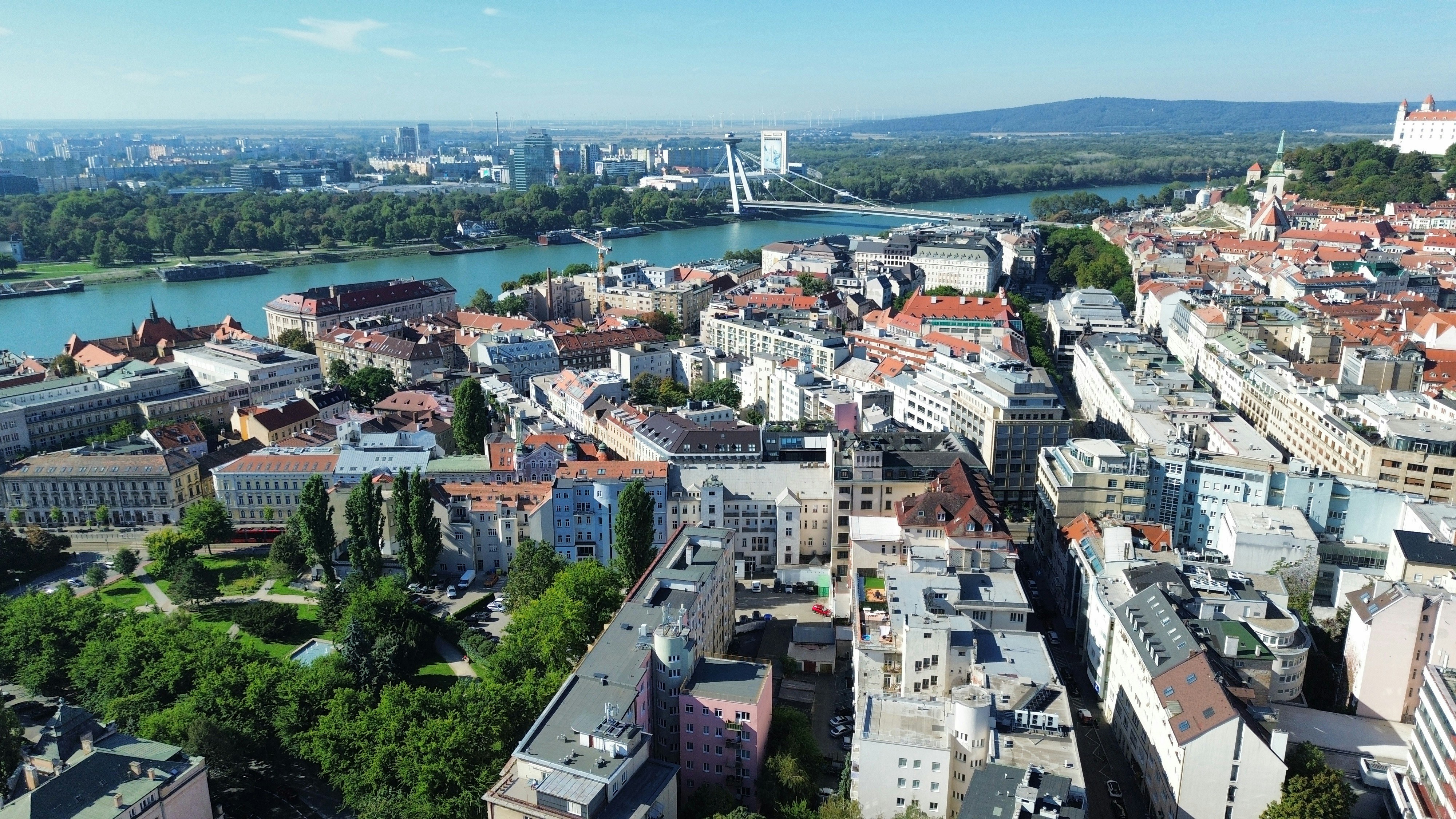 Aerial view of the Danube river and the city skyline of Bratislava, Slovakia