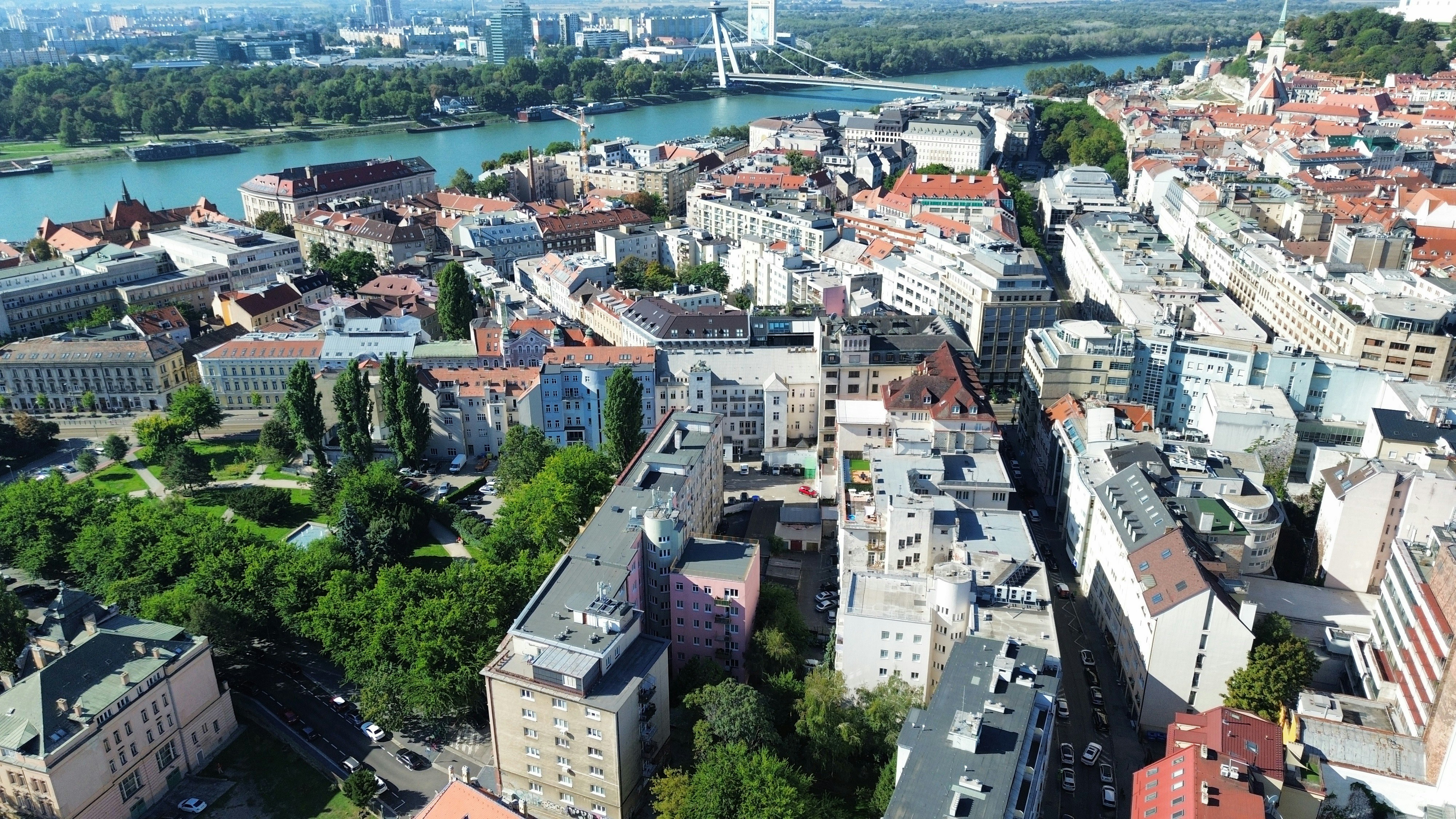 Aerial view of the Danube river and the city of Bratislava in Slovakia