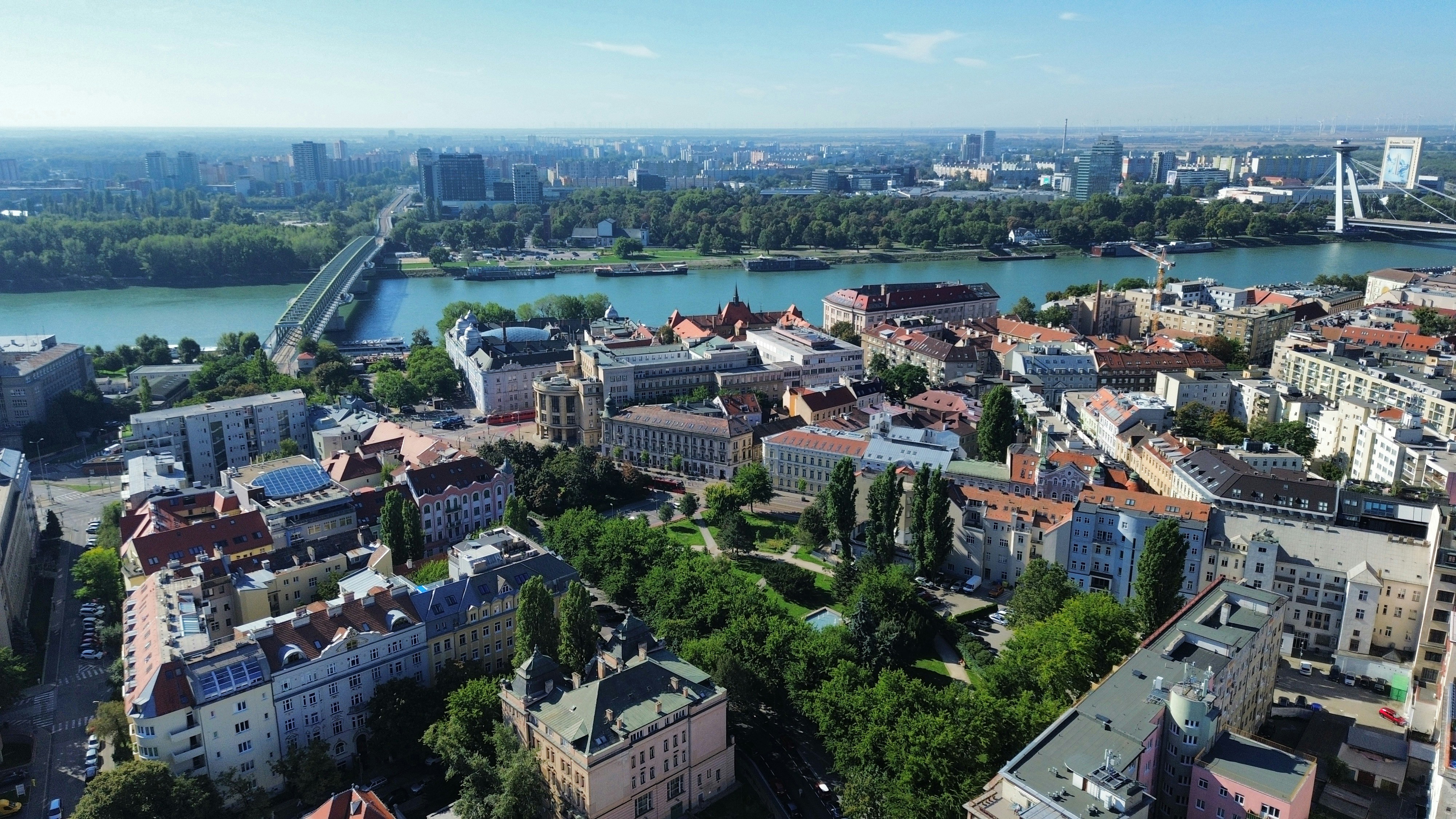 Aerial view of the Danube river and city buildings in Bratislava, Slovakia
