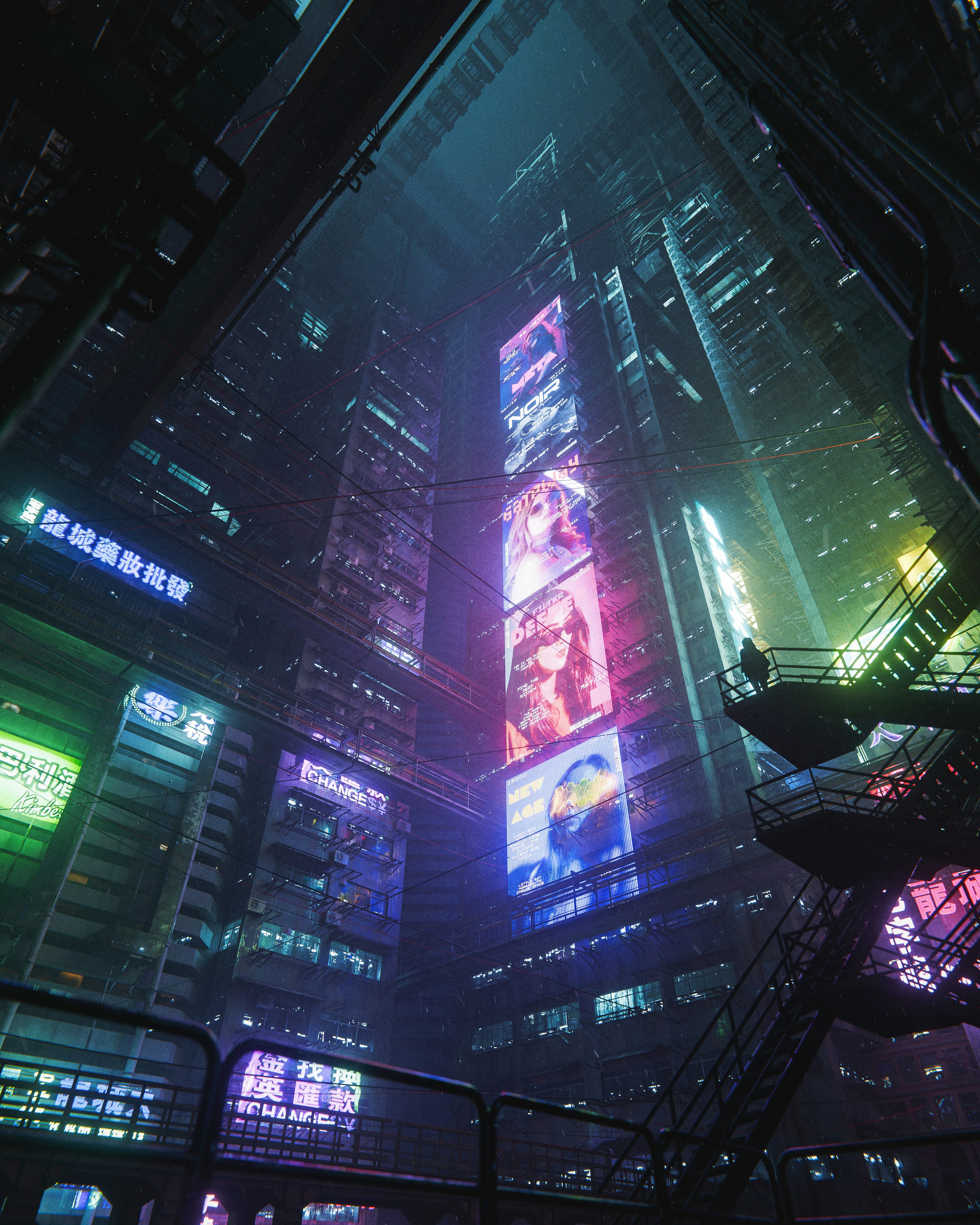 A person on a metal fire escape overlooking a neon-lit city street at night