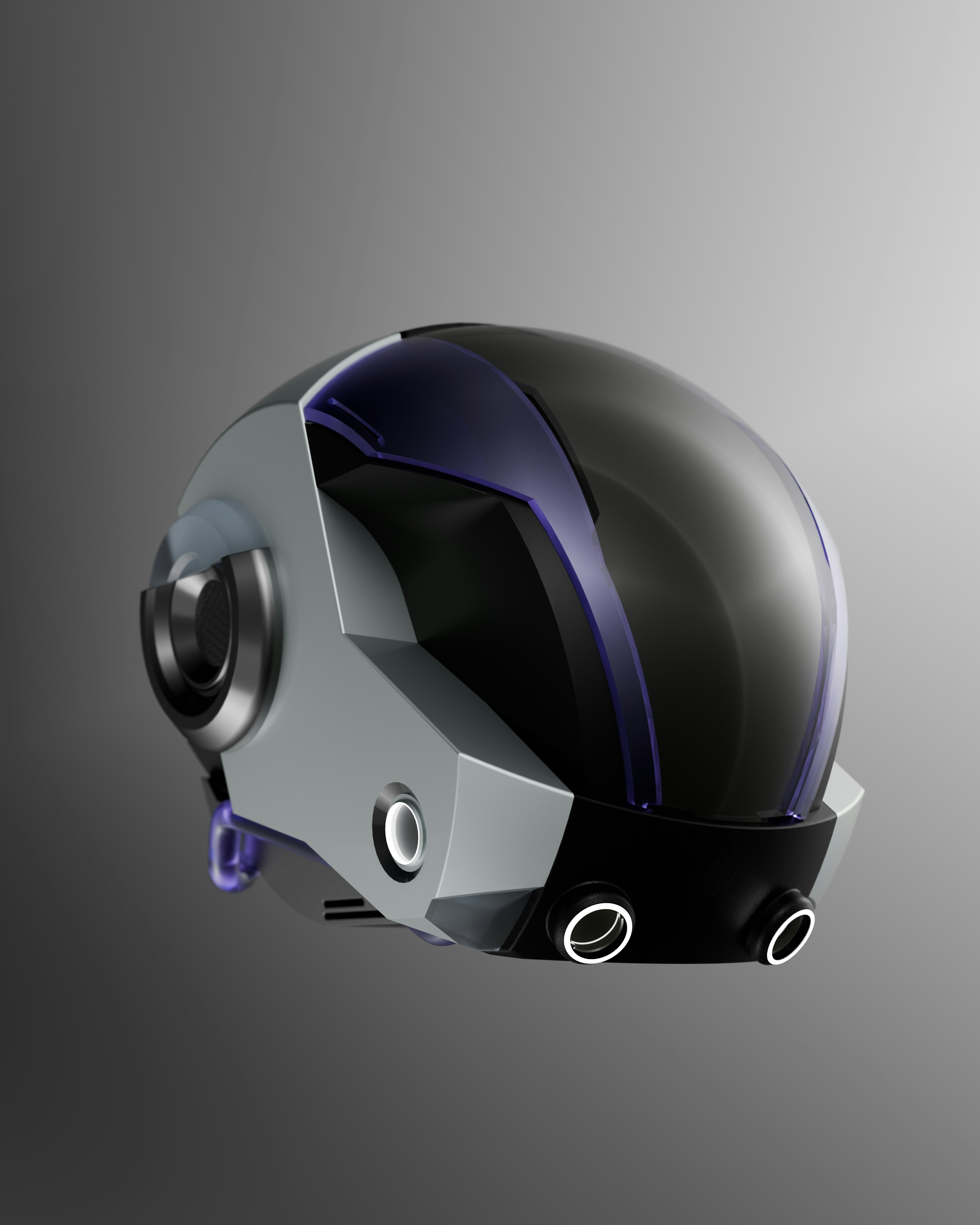 Un casco futurista plateado y negro con una visera teñida de color púrpura oscuro