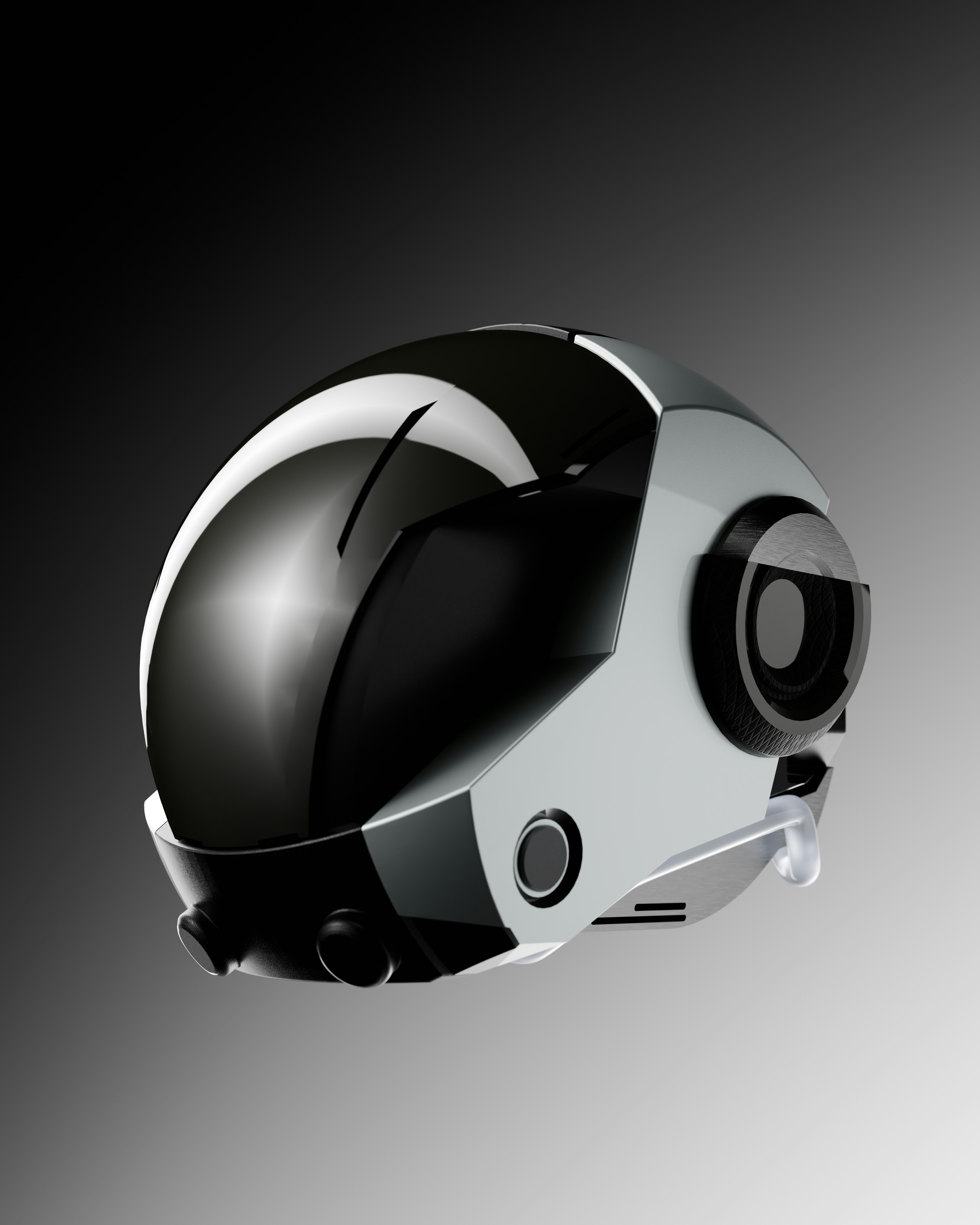 Un casco futurista blanco y negro con una visera oscura y lisa