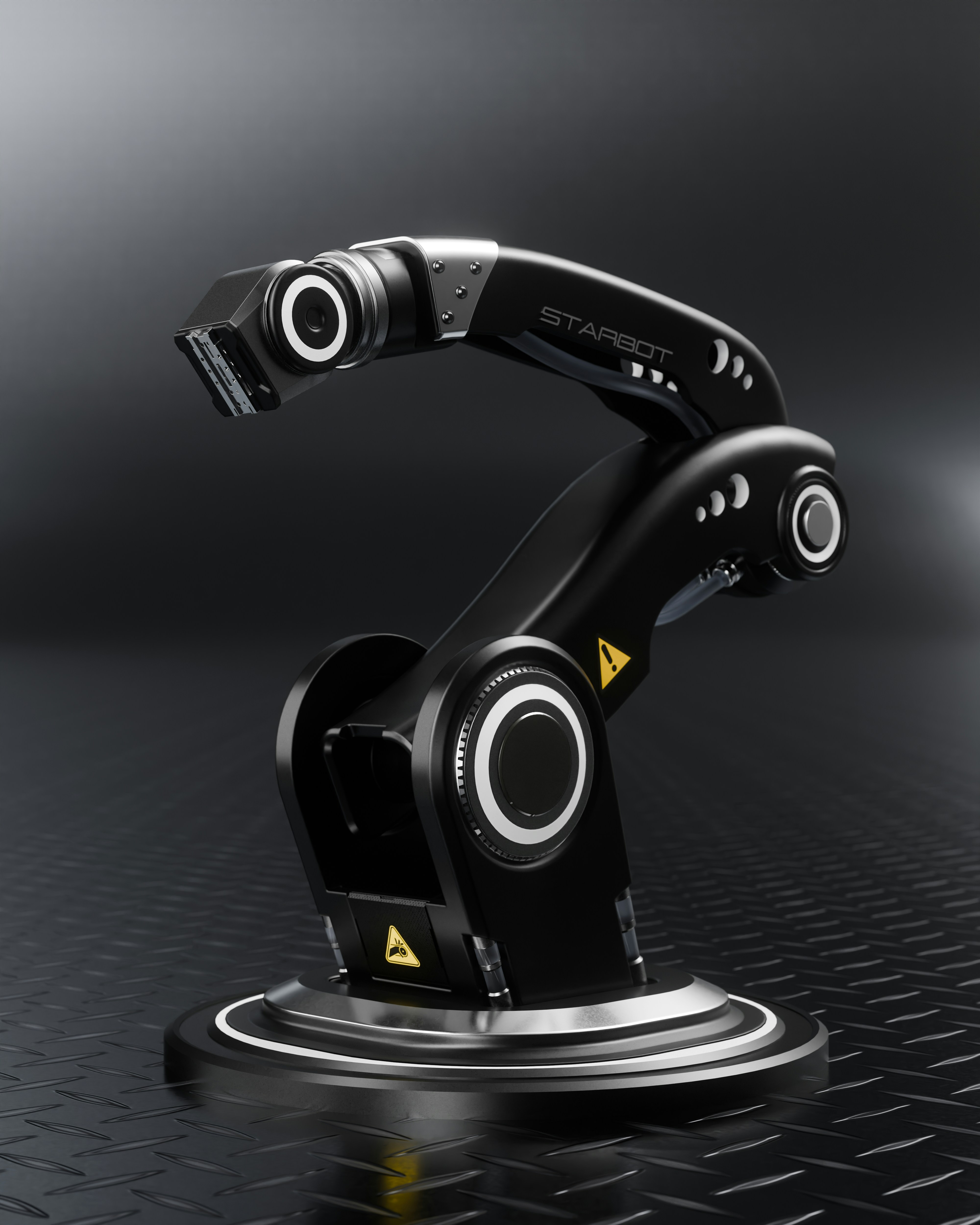 A black robotic arm with white circular accents on a textured metal surface