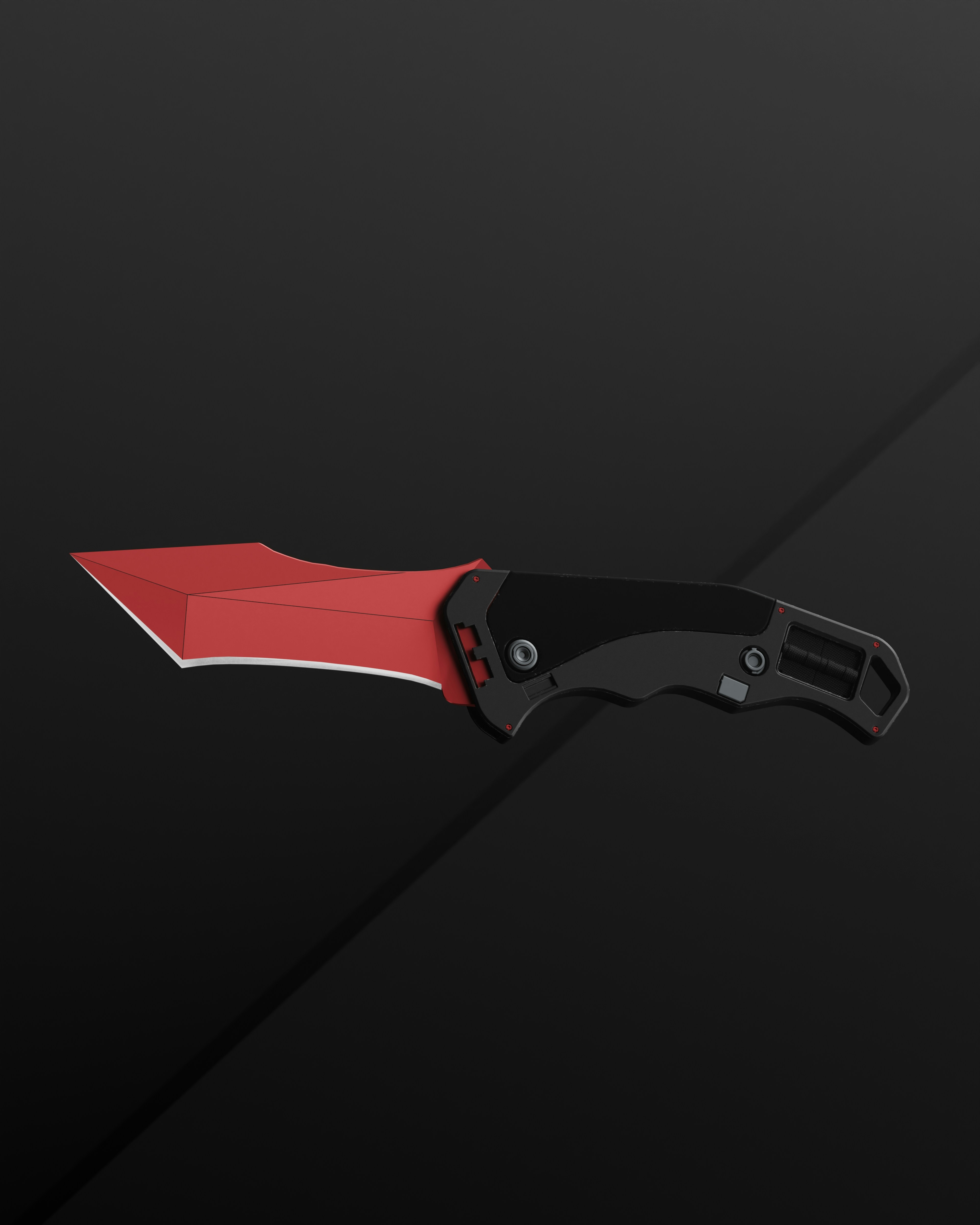 A folding knife with a red blade and black handle on a dark surface