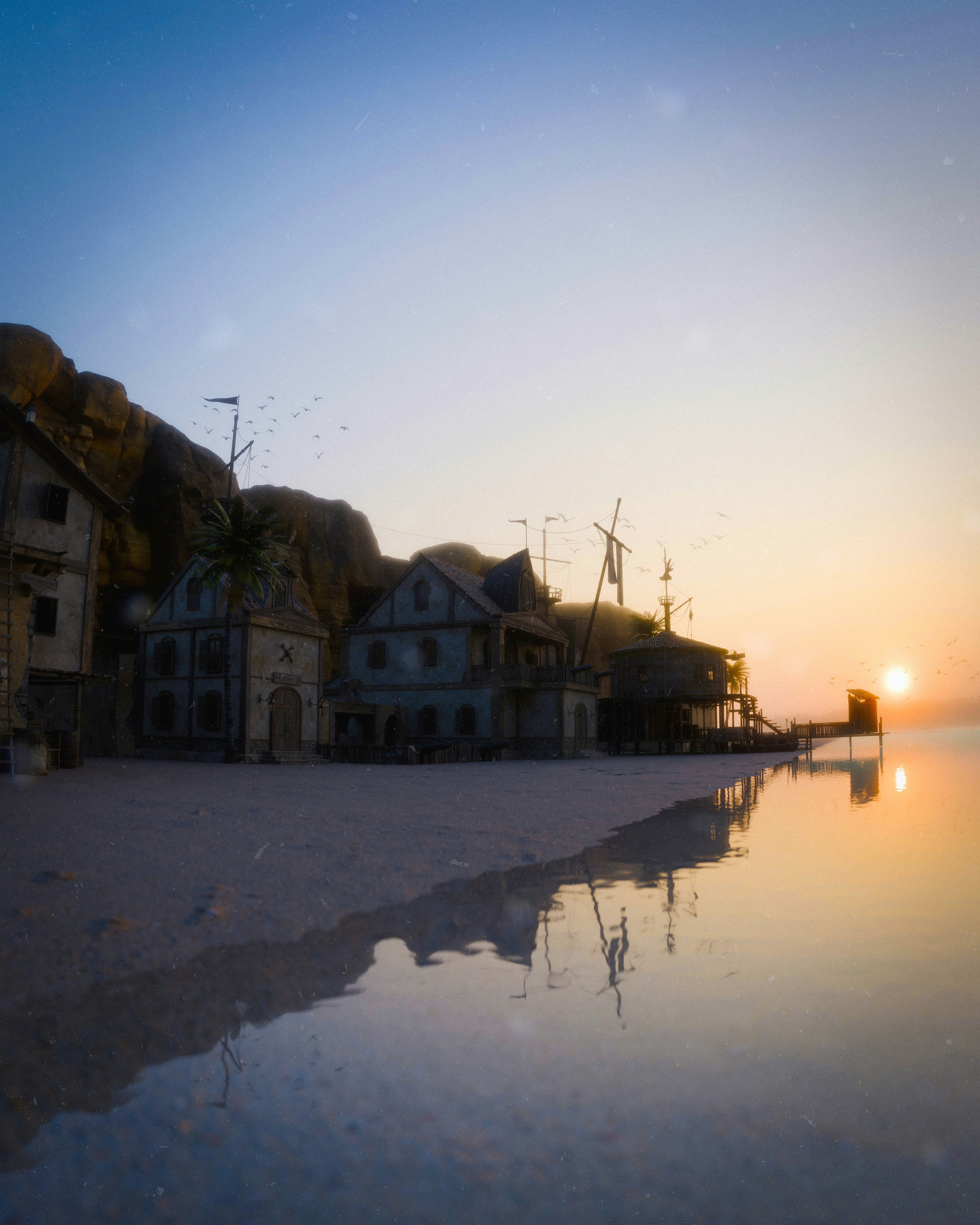 Coastal village with stone buildings at the base of a cliff during golden hour