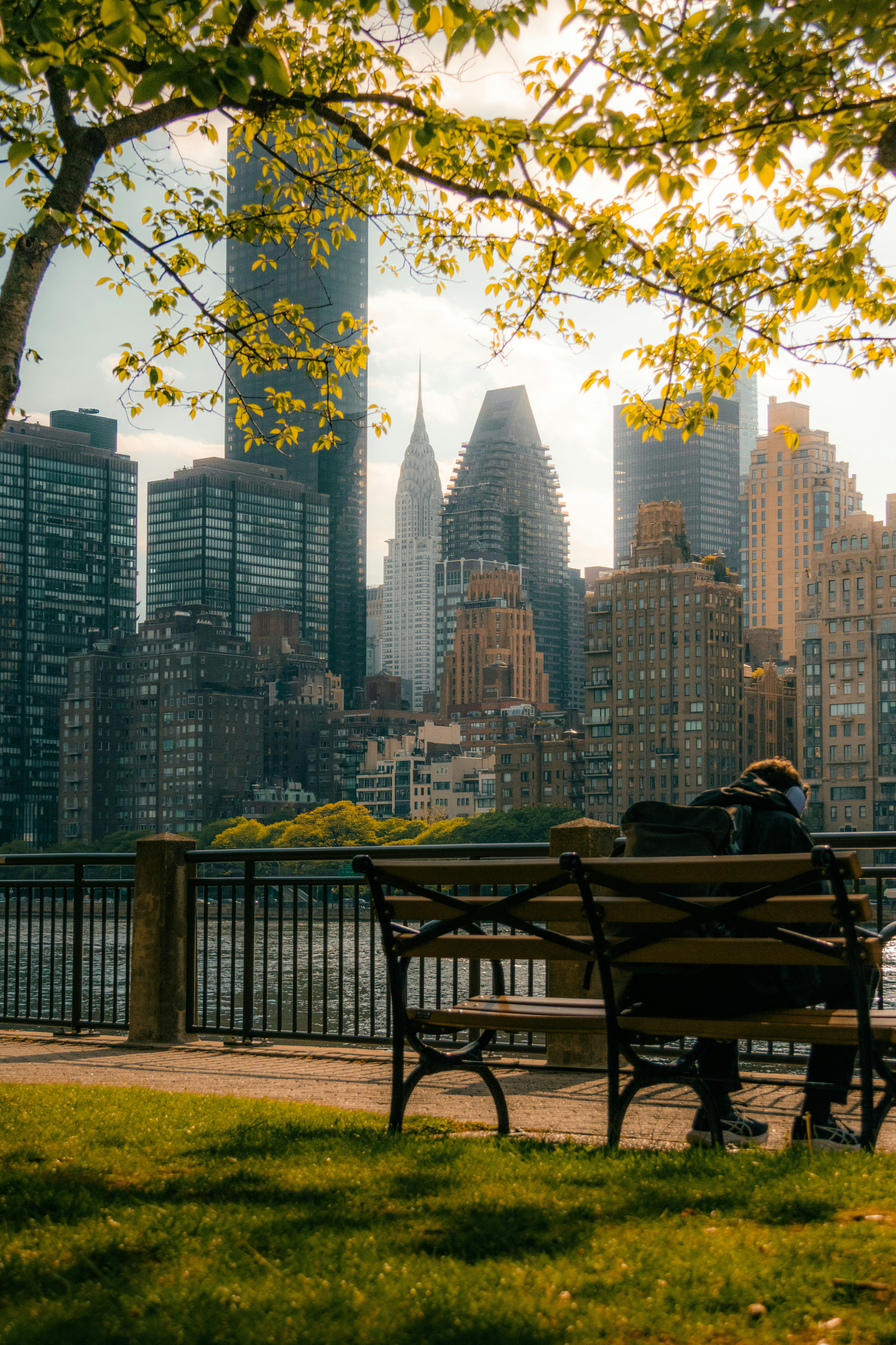 Una persona su una panchina che domina il Chrysler Building e lo skyline di New York City