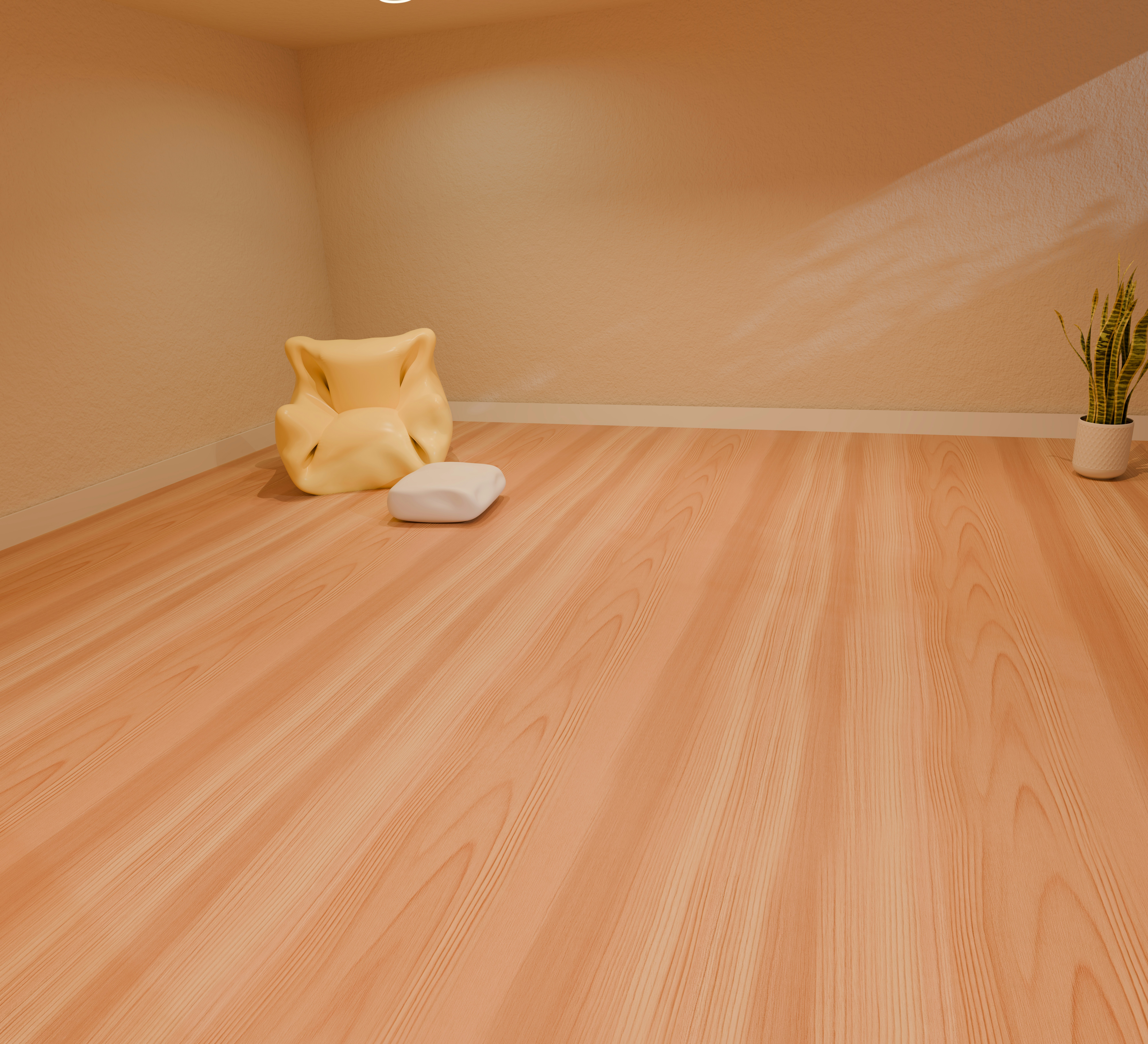 A yellow beanbag chair and white floor cushion on a light wood floor