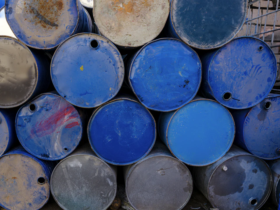 Stacked blue steel drums