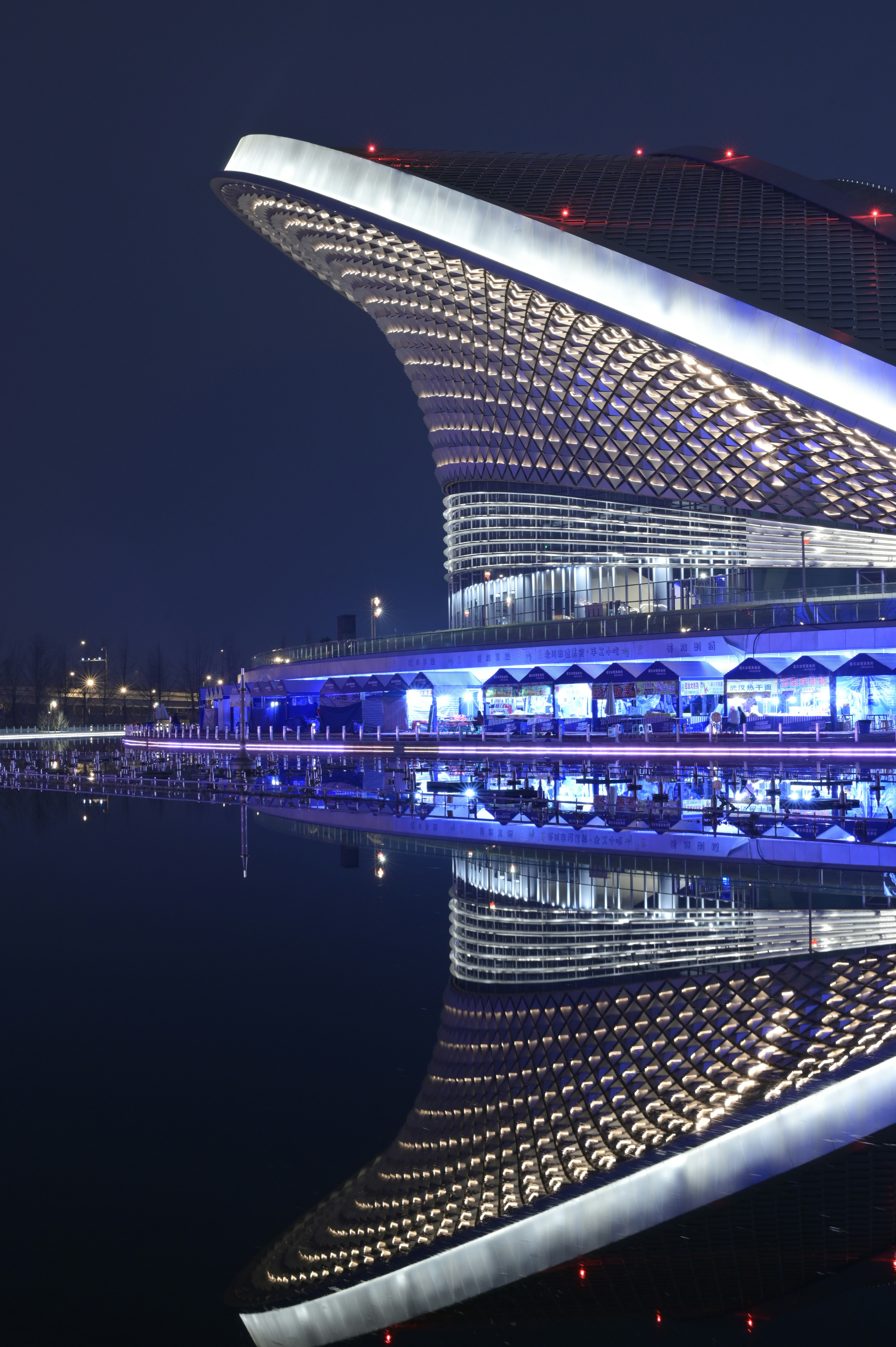 A modern building with a curved roof illuminated at night reflecting in water