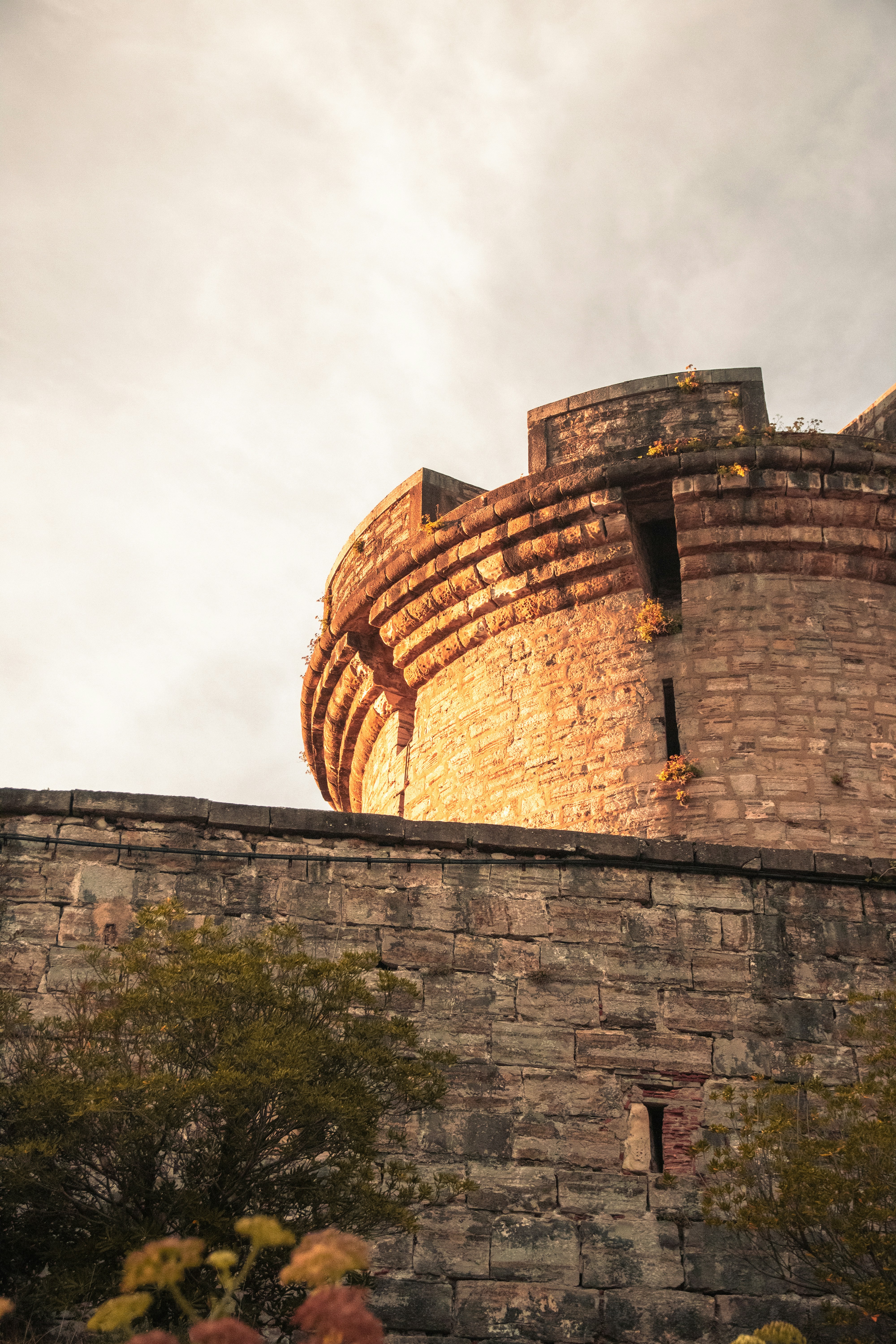 A stone castle tower with small plants growing from the masonry at golden hour