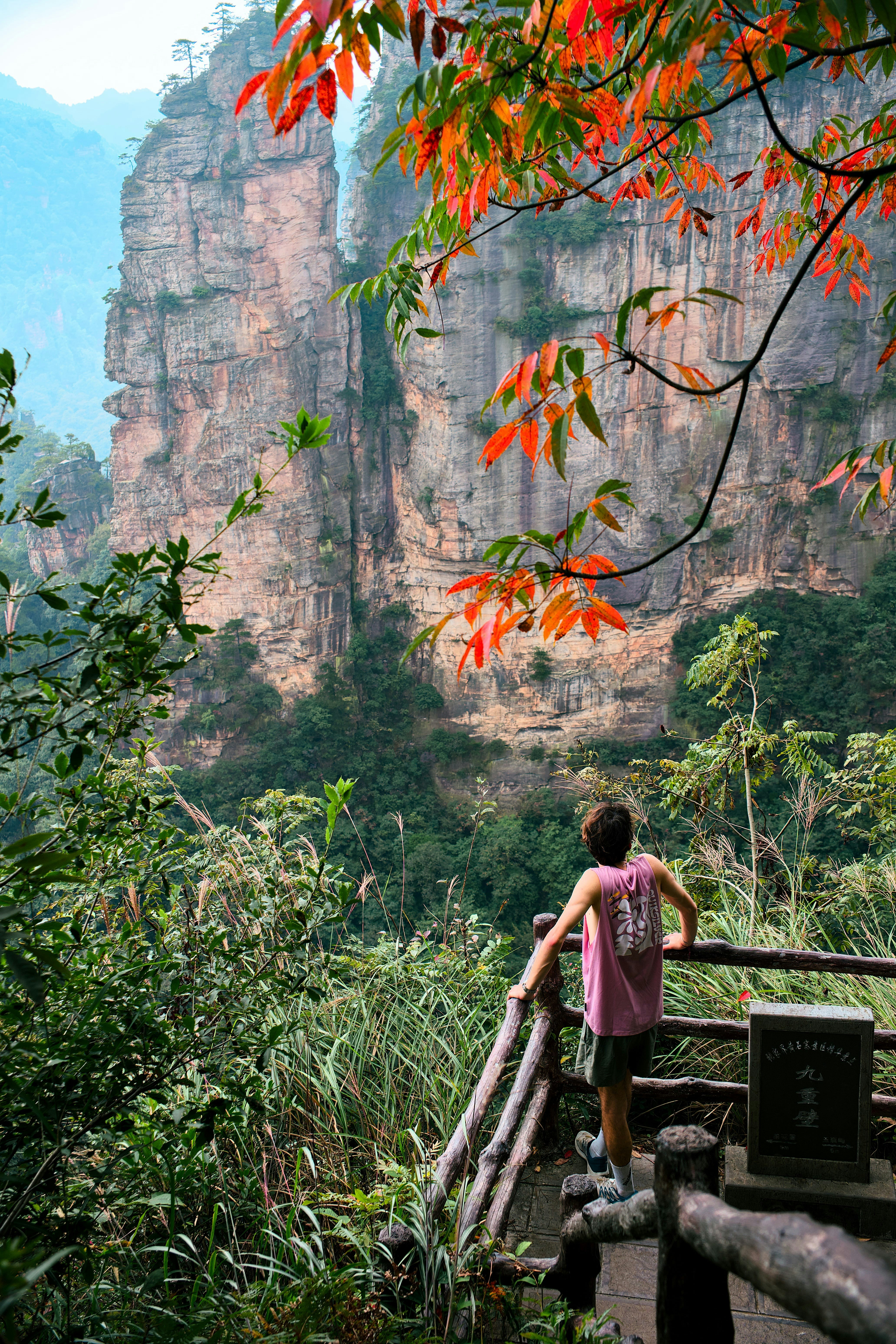 Una persona con una camiseta de tirantes rosa mirando los imponentes acantilados de arenisca en Zhangjiajie