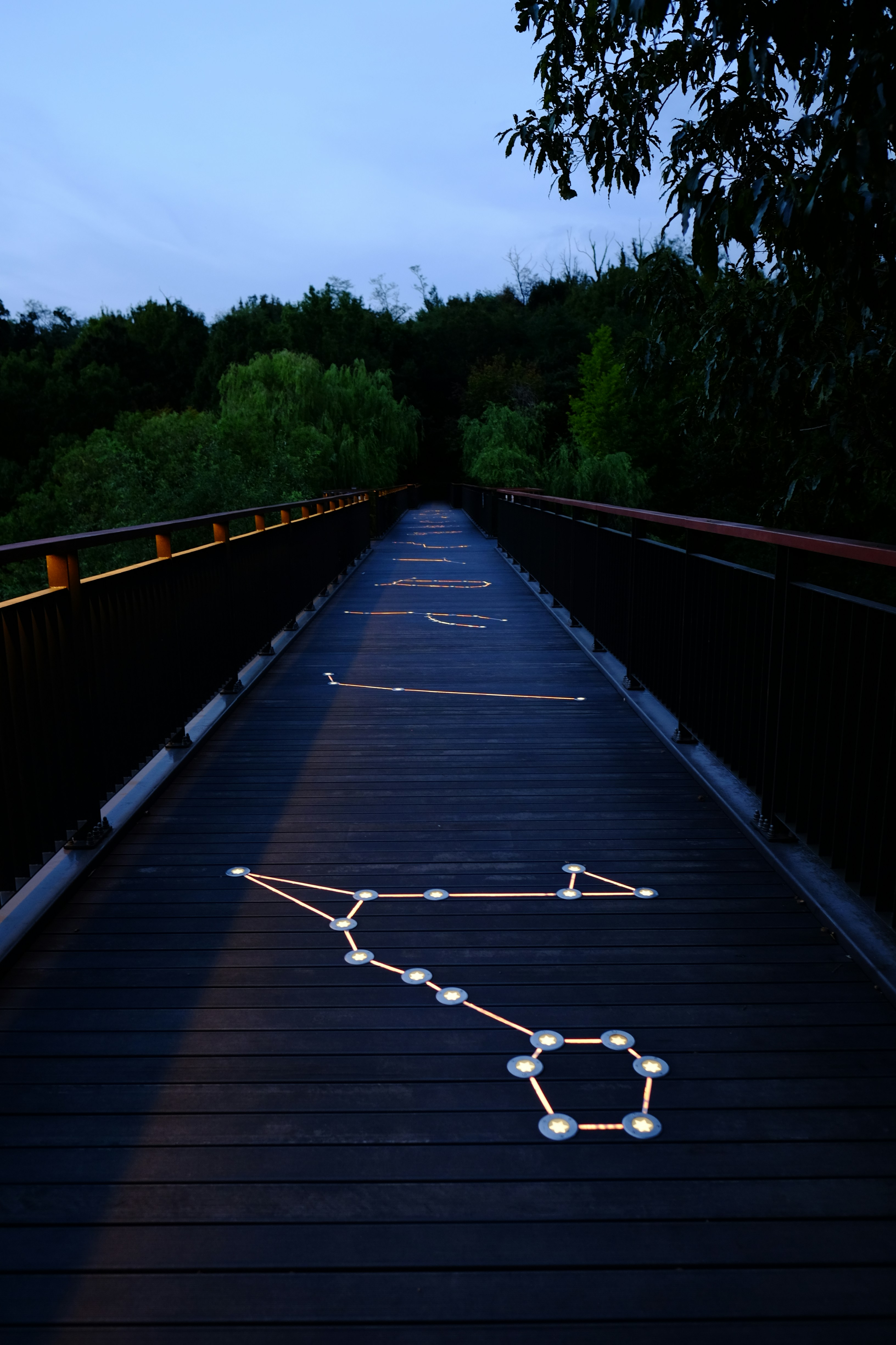 A wooden footbridge with glowing constellation patterns embedded in the floor at night