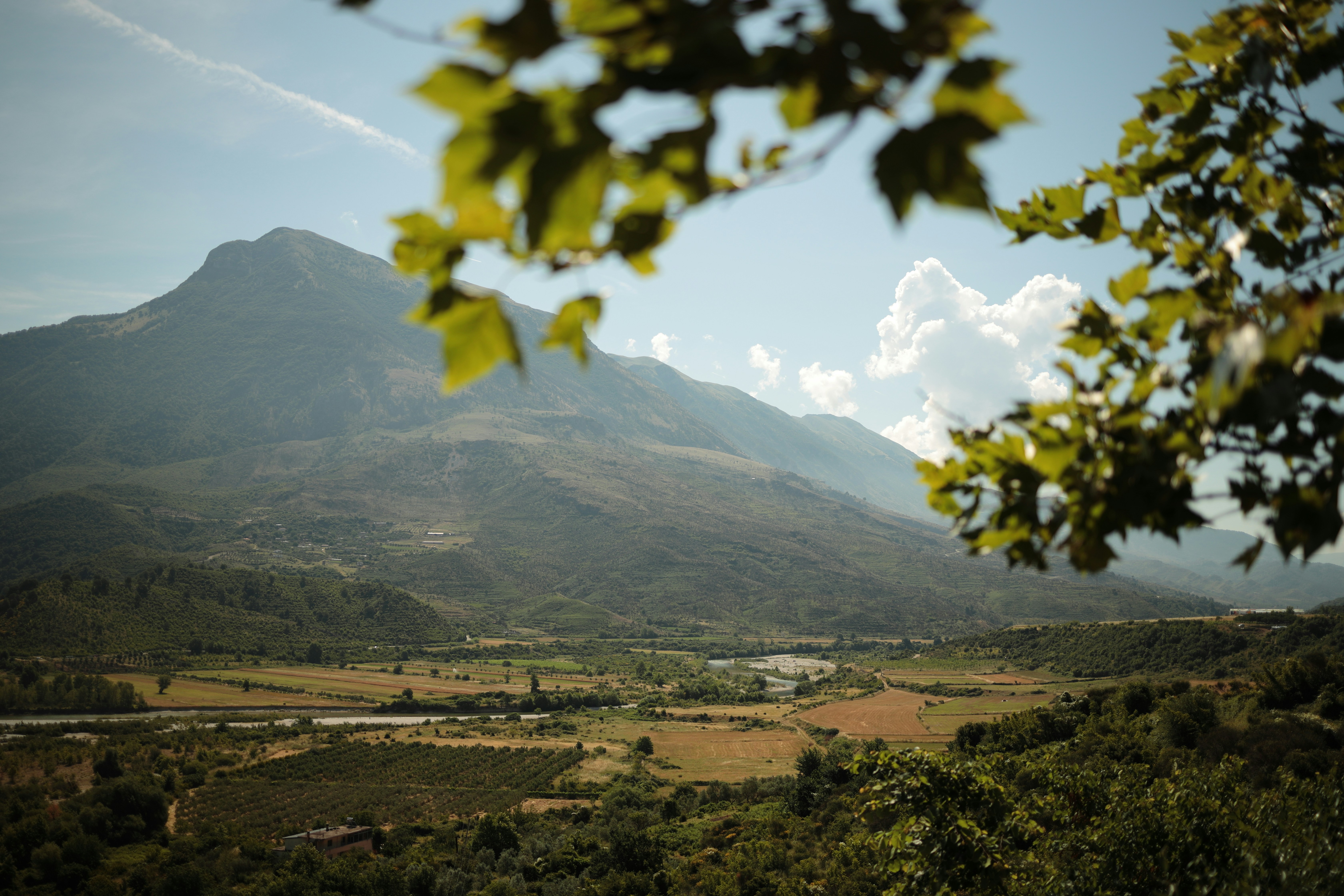 A mountain rising above a valley with fields and a river, framed by leaves