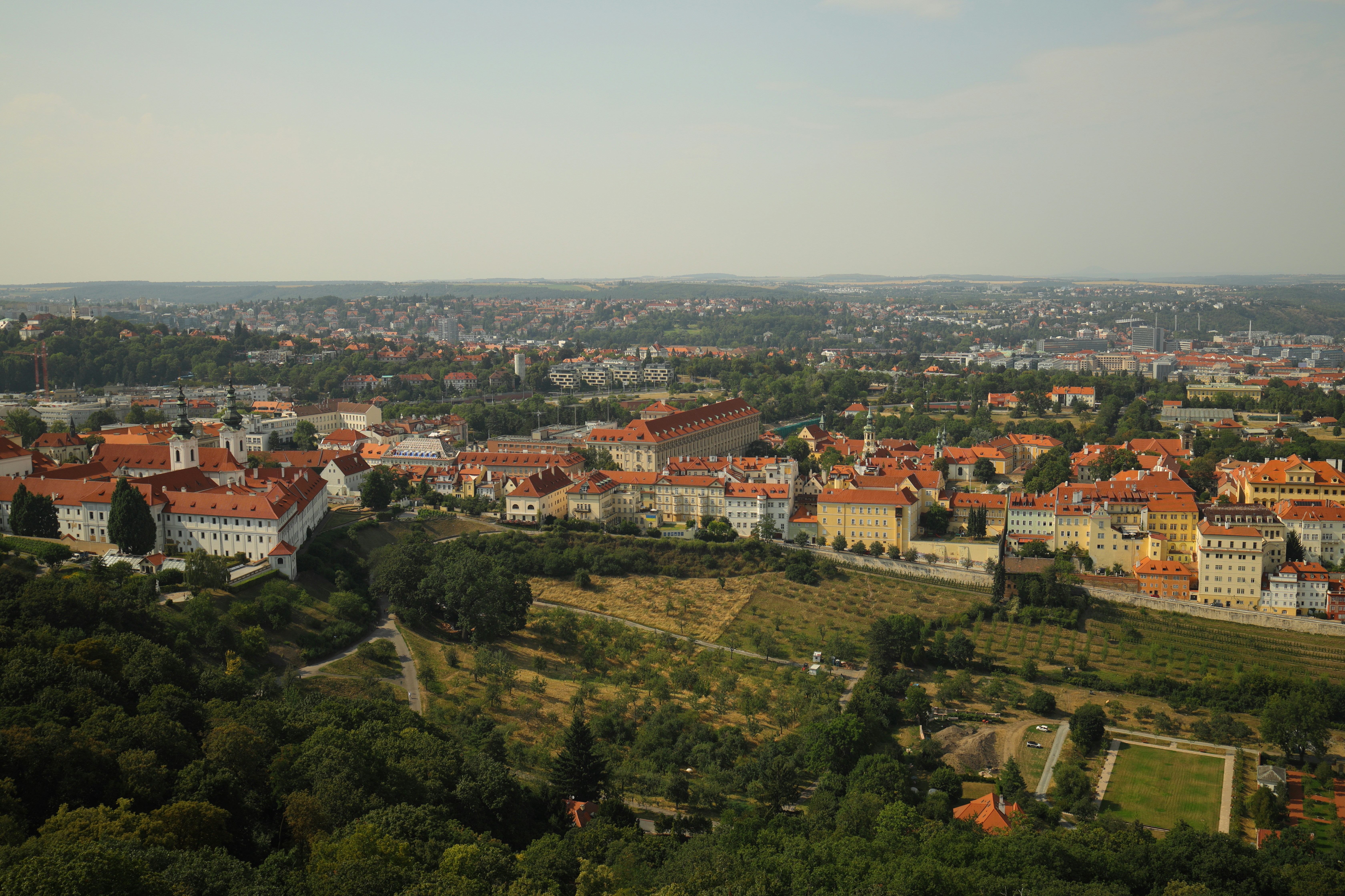 Aerial view of the Strahov Monastery and surrounding cityscape in Prague