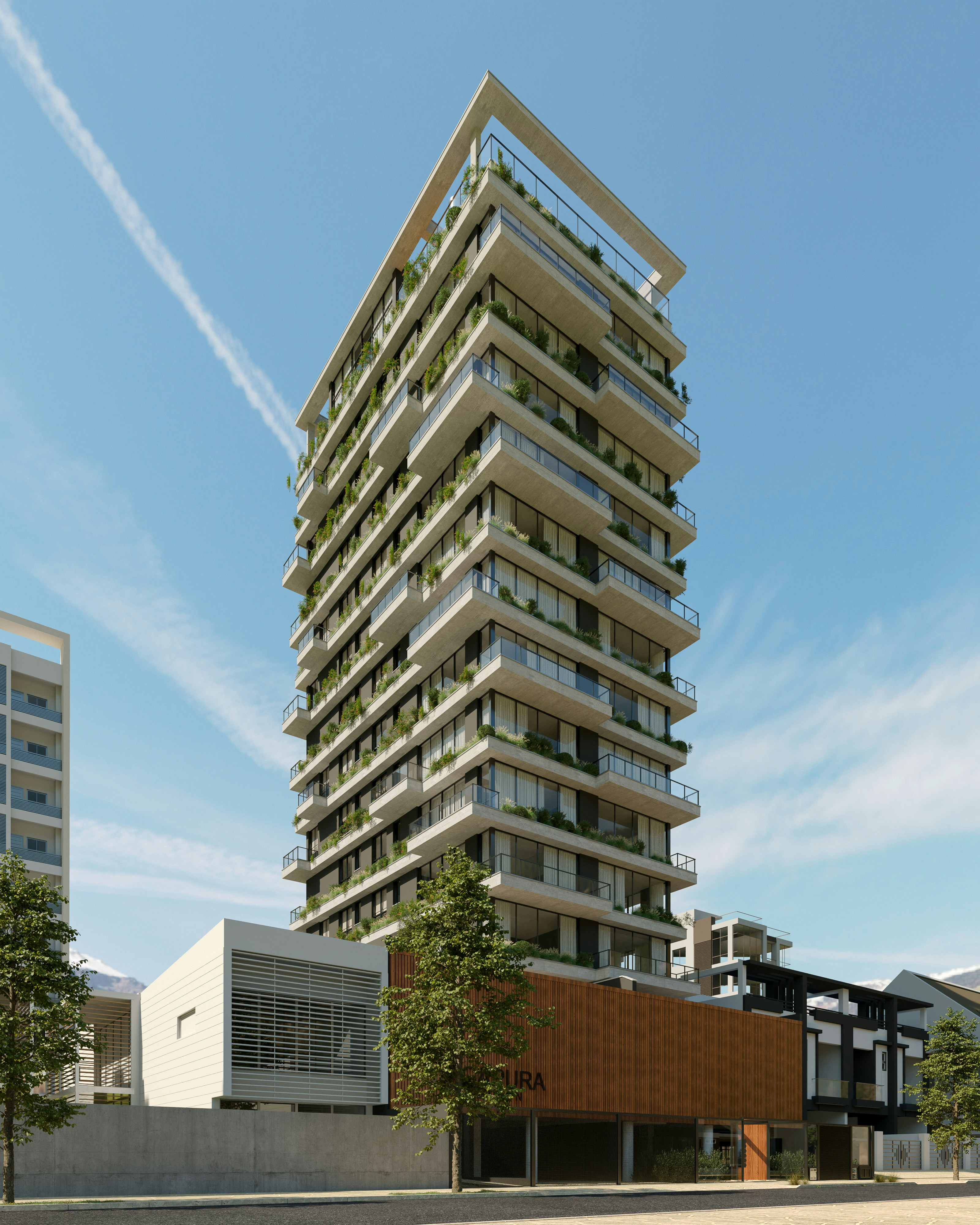Gedung apartemen bertingkat modern dengan balkon bertingkat dan tanaman hijau di bawah langit biru