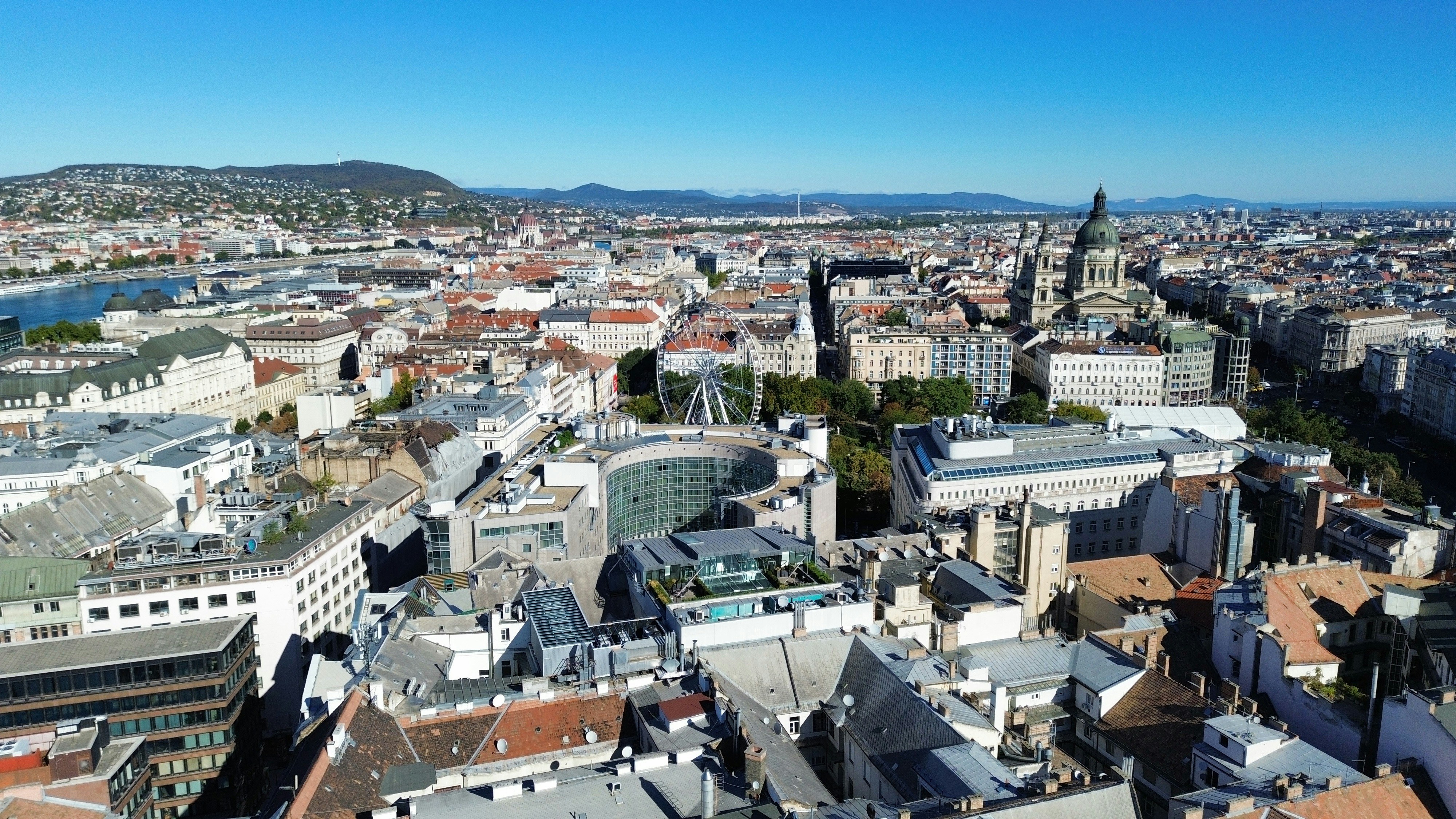 Aerial view of the Budapest skyline with the Danube river and St Stephen's Basilica