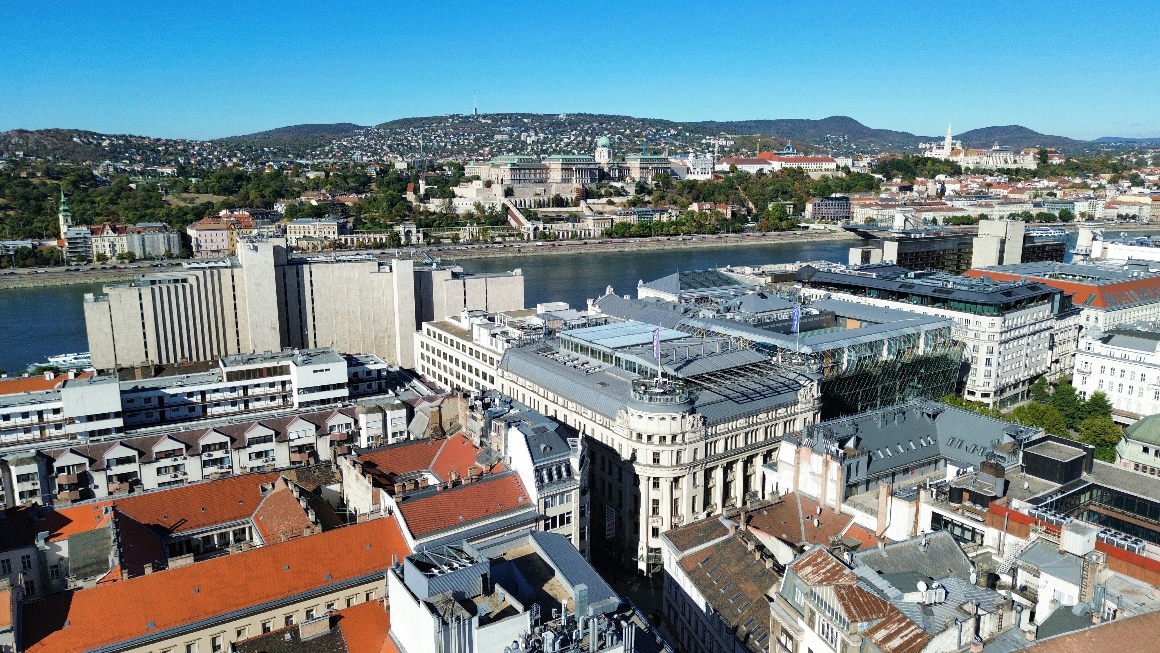 Aerial view of the Danube river and Buda Castle in Budapest, Hungary