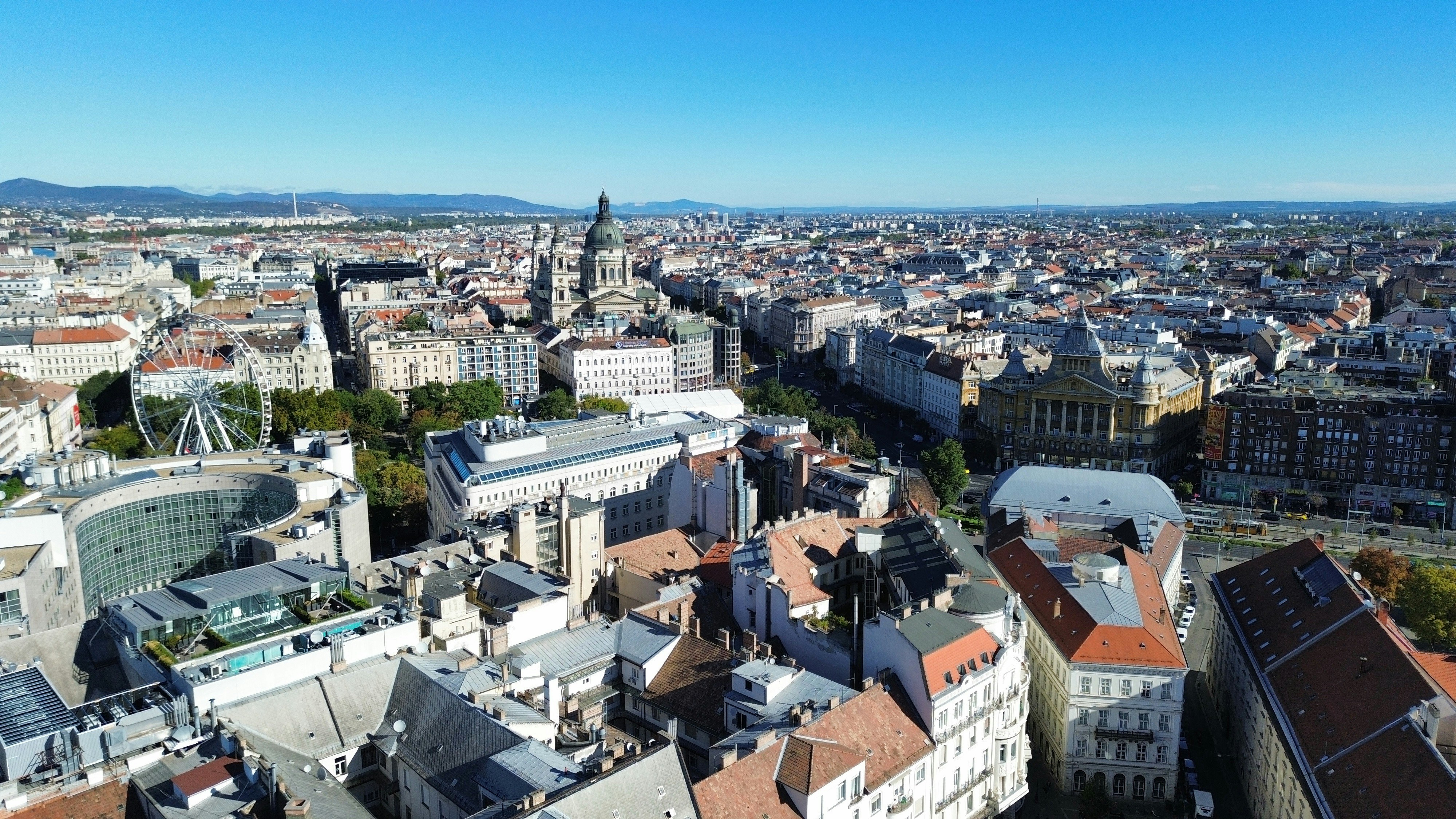 Aerial view of the St. Stephen's Basilica and city skyline in Budapest, Hungary