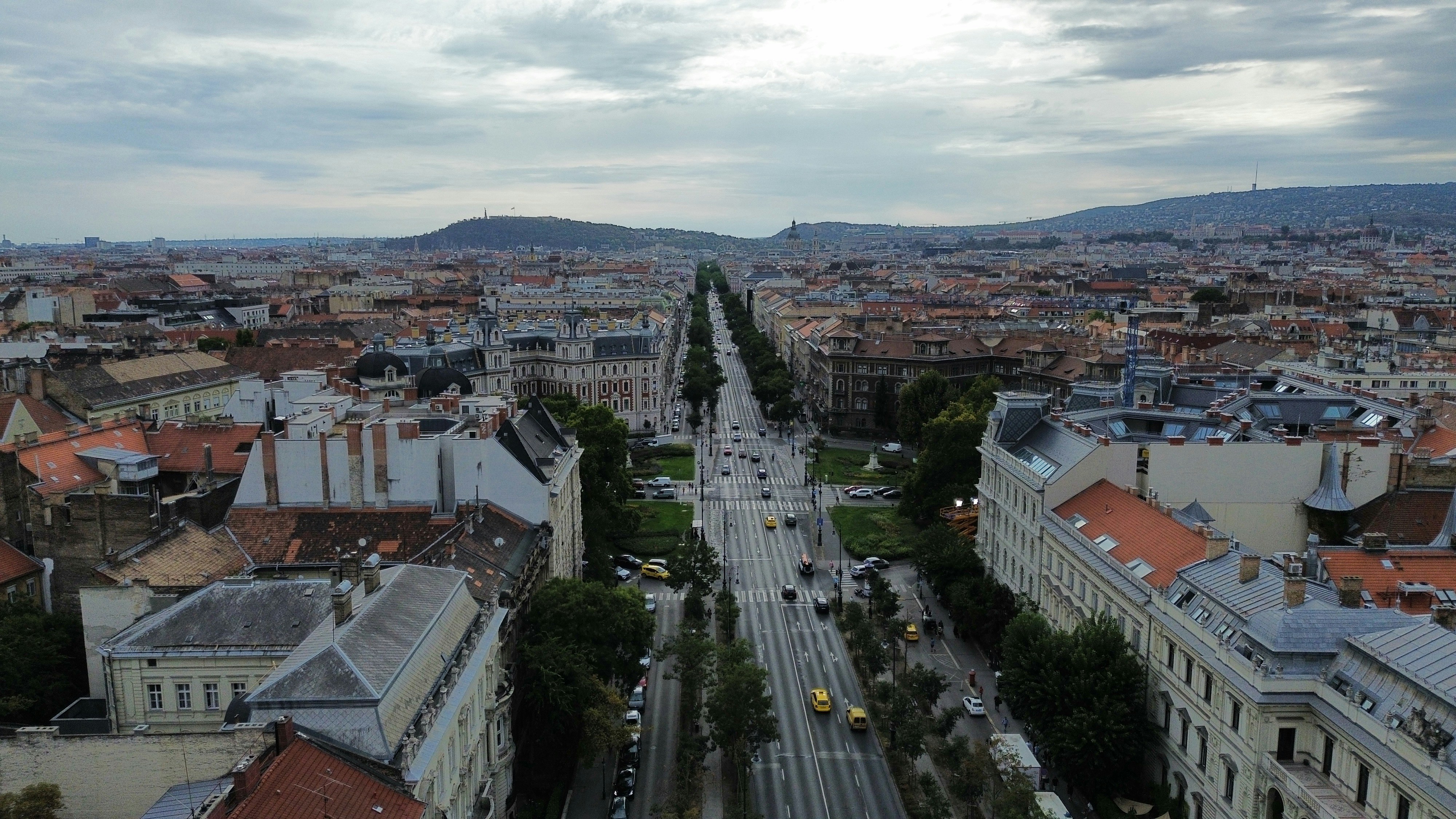 An aerial view of Andrássy Avenue stretching through the city of Budapest