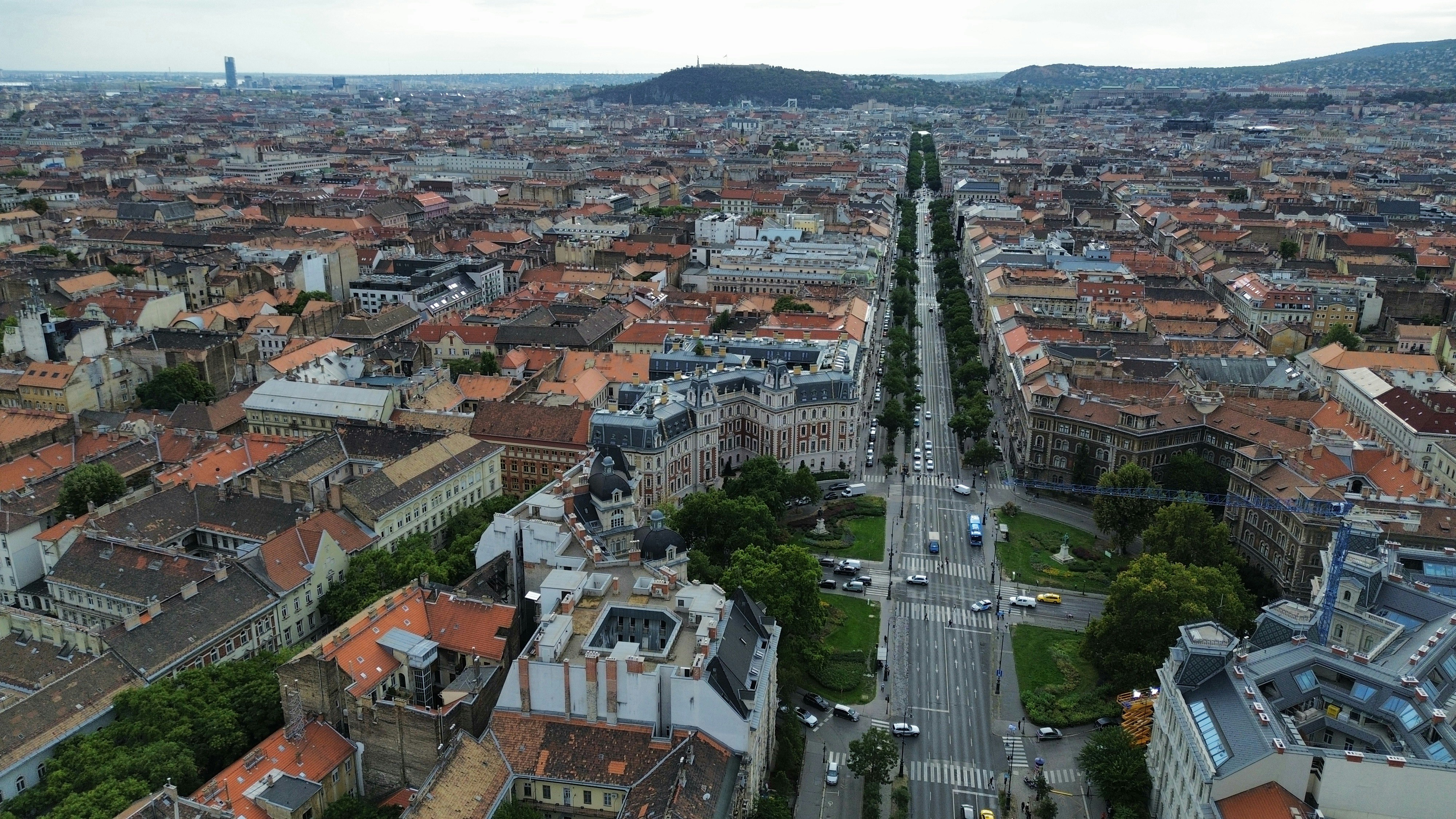 An aerial view of Andrássy Avenue stretching through the historic city of Budapest