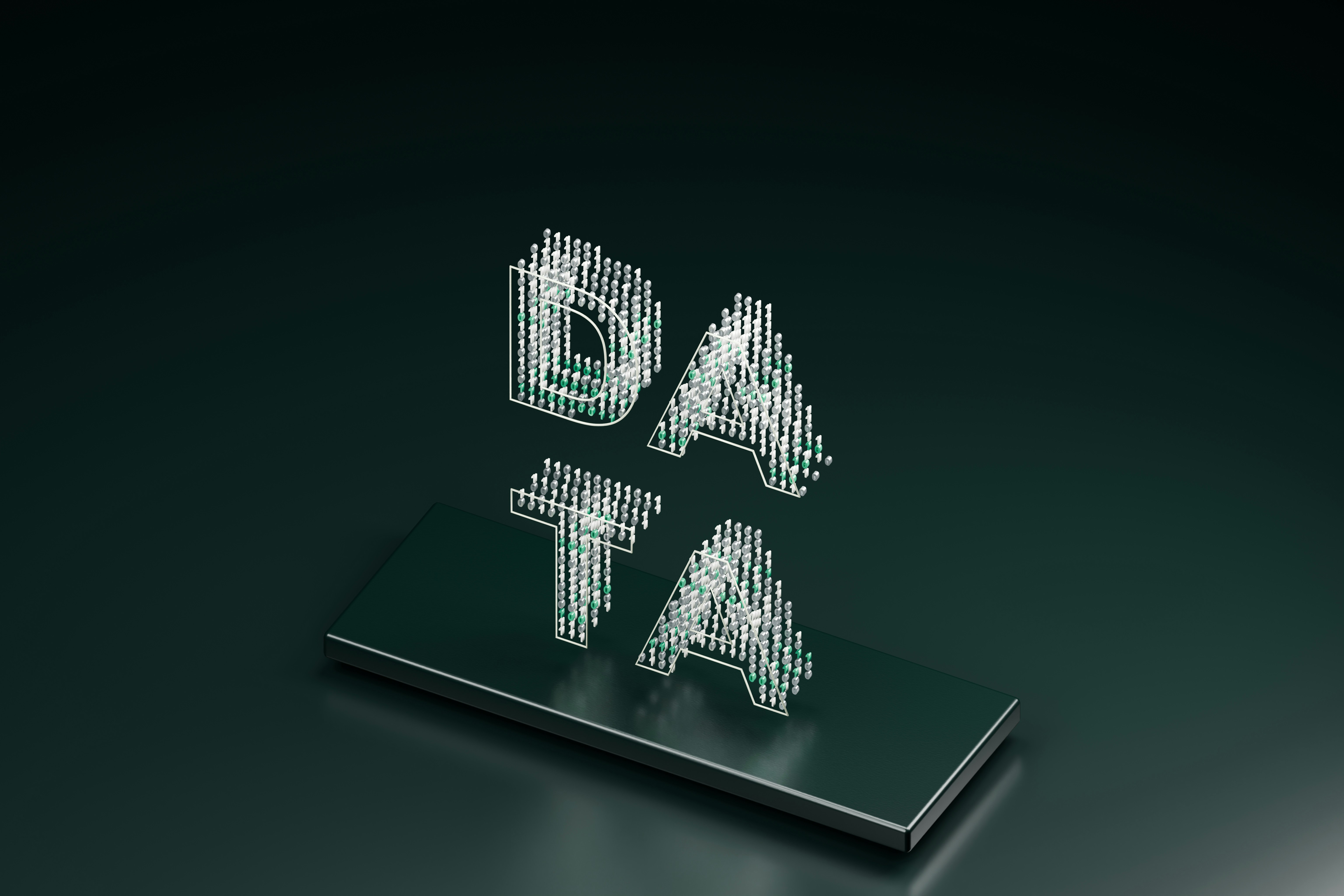 DATA is built from a three-dimensional matrix of miniature zero and one letterforms. Arranged across two monumental line