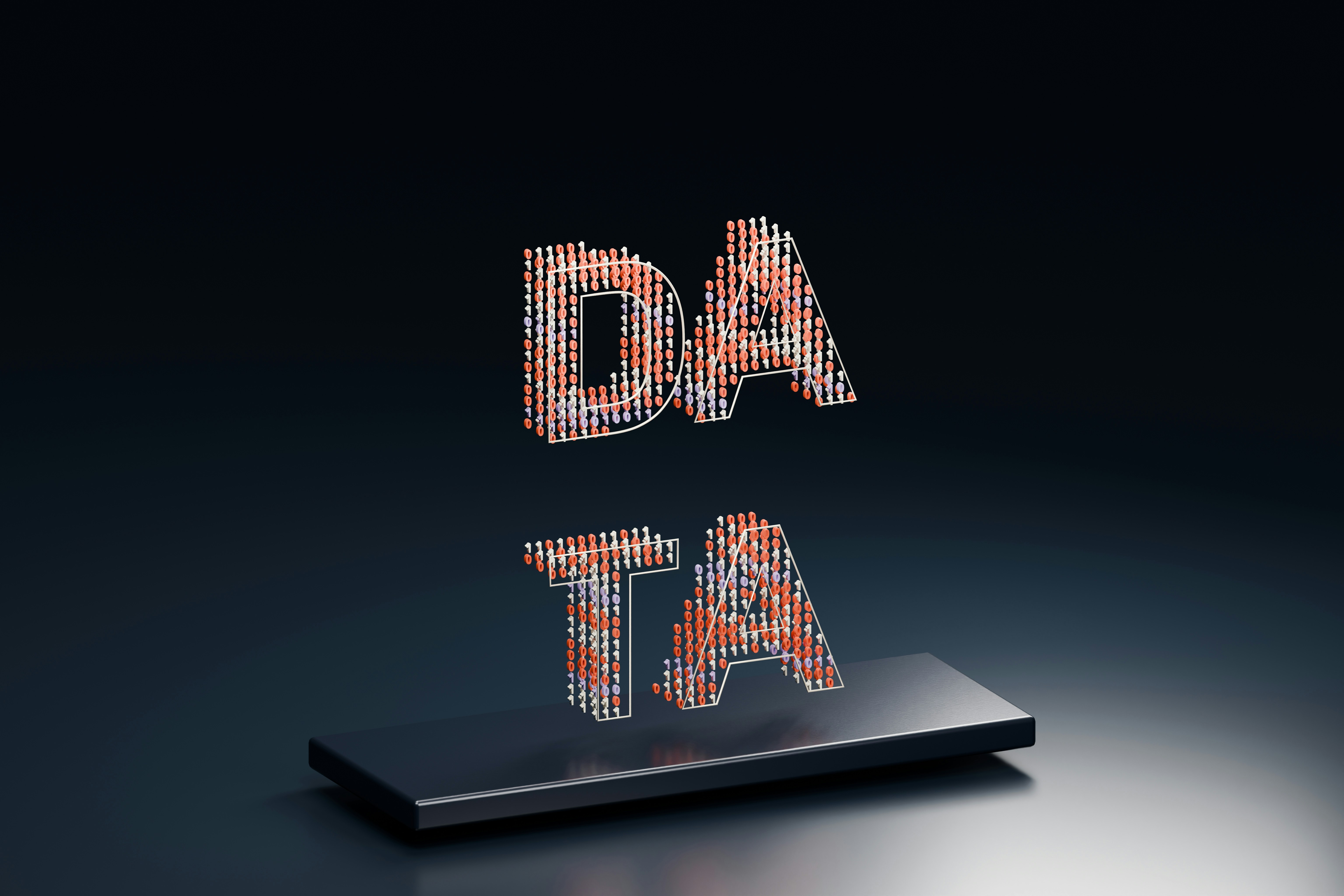 The word DATA formed by red and white binary digits on a dark surface