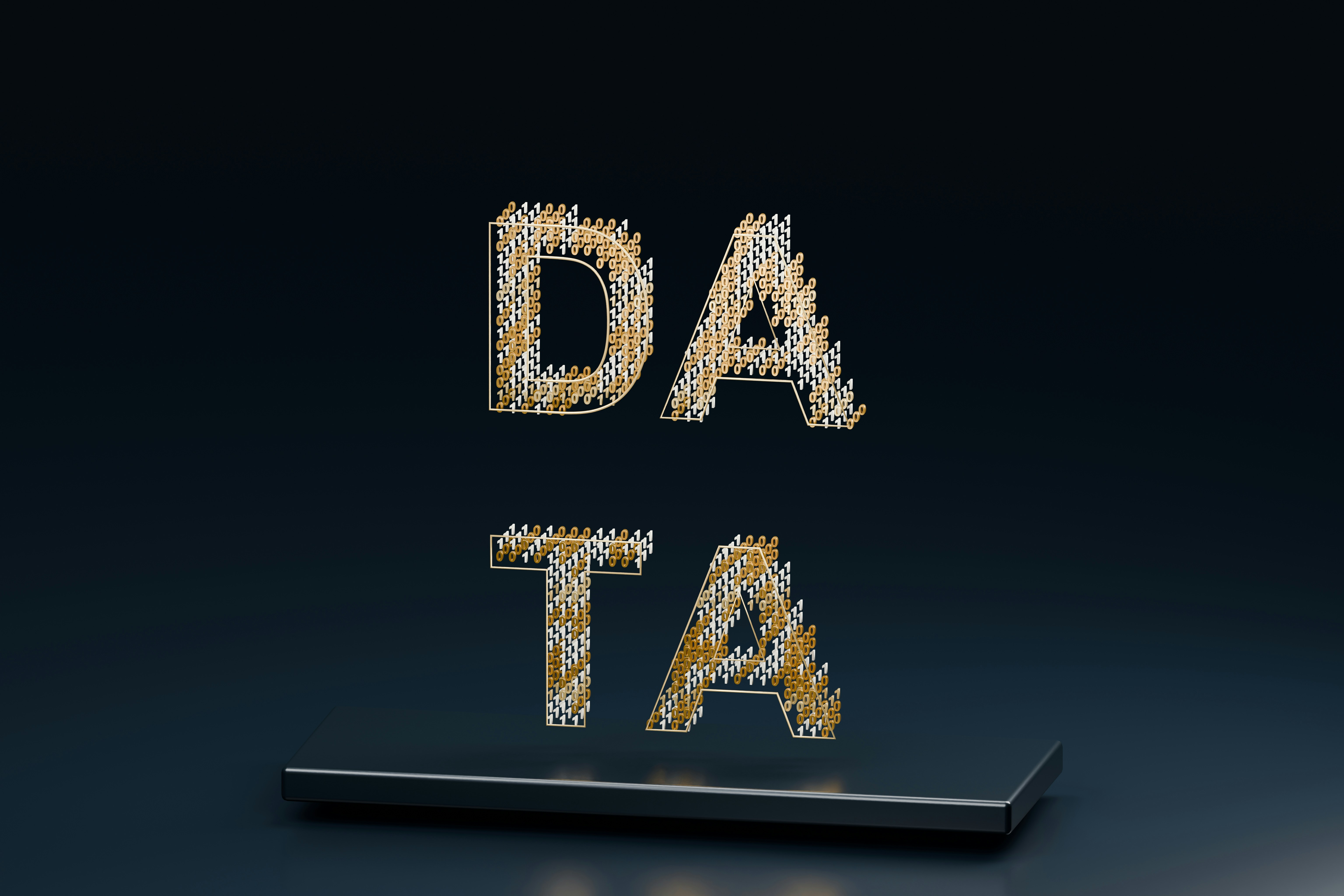 The word data formed by gold and white binary digits above a dark platform