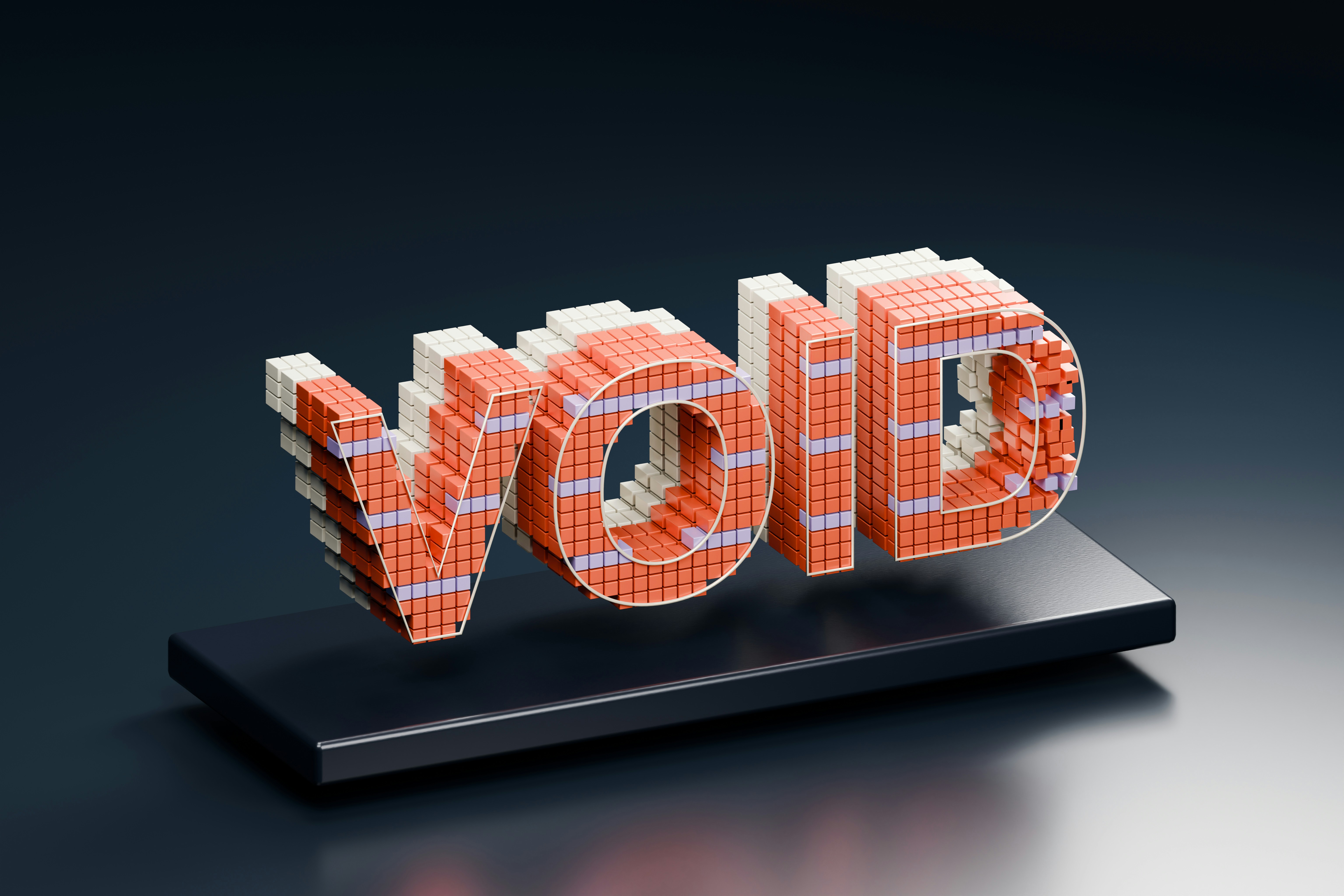 The word VOID constructed from small orange and purple cubes on a black base