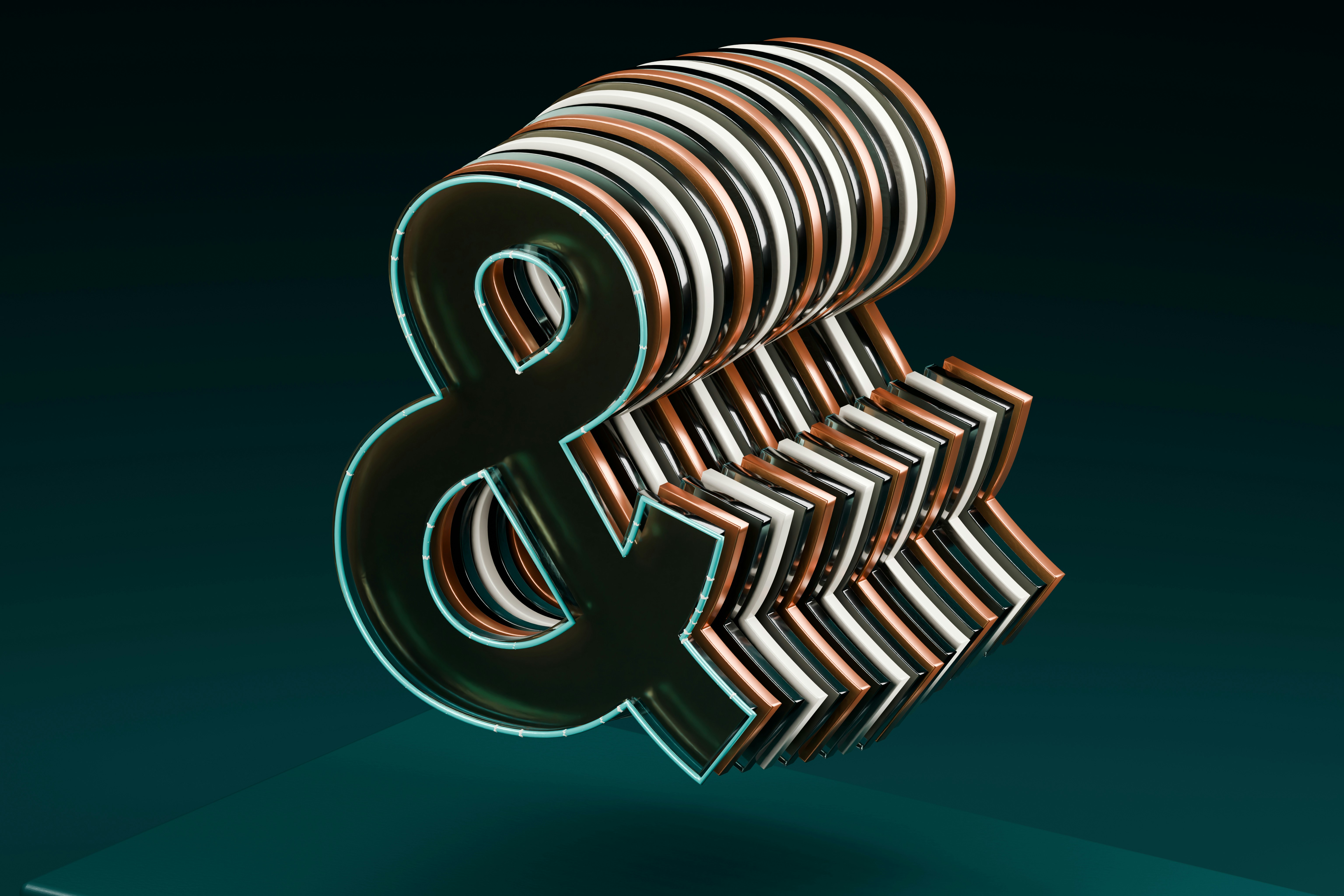 A layered ampersand symbol in black, white, and copper against a dark background