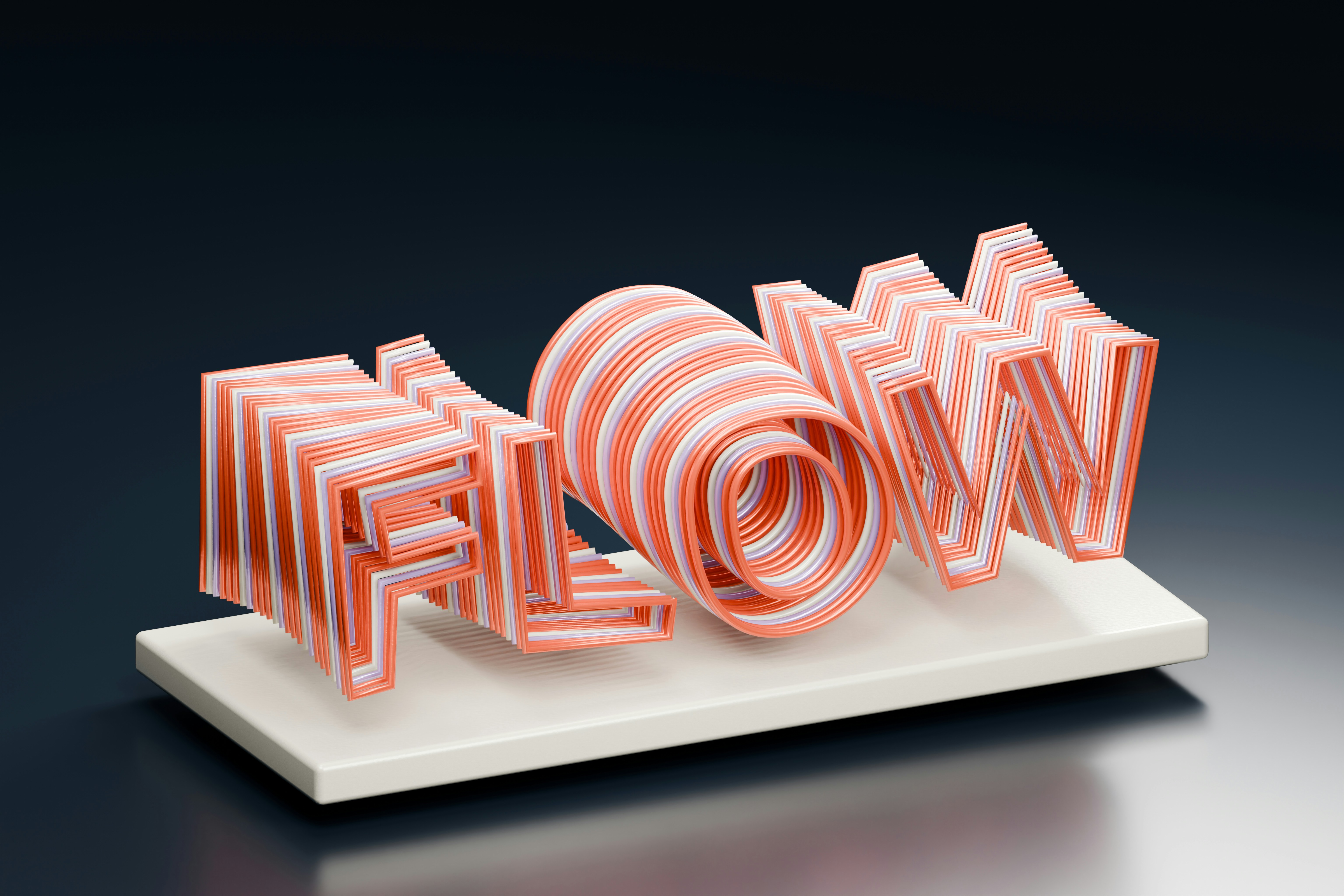 Le flux de mots est en typographie superposée orange et blanche sur une plateforme blanche