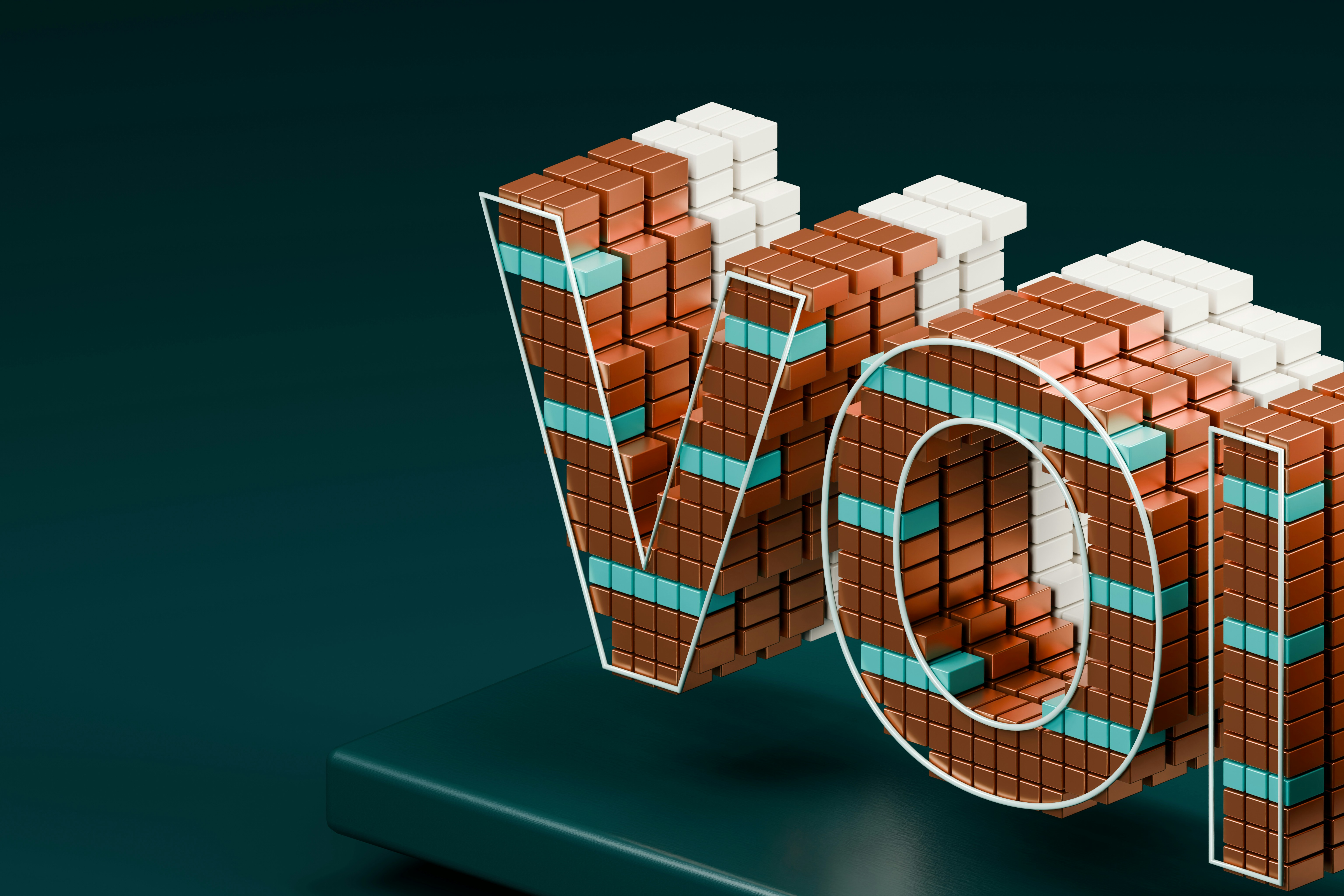 The letters VOI constructed from stacked copper, white, and teal cubes on a dark surface