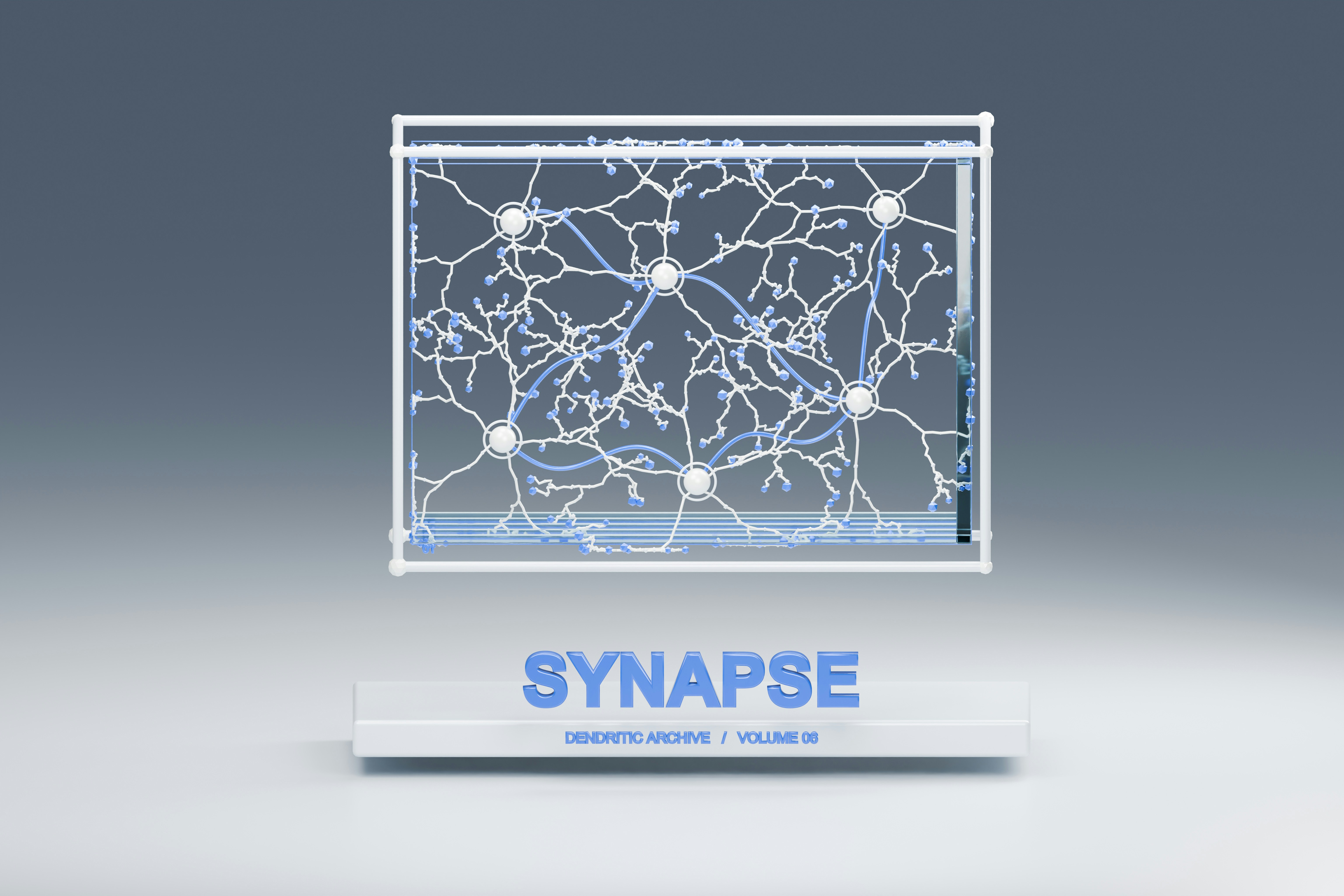 A white frame containing a network of white branches and blue spheres
