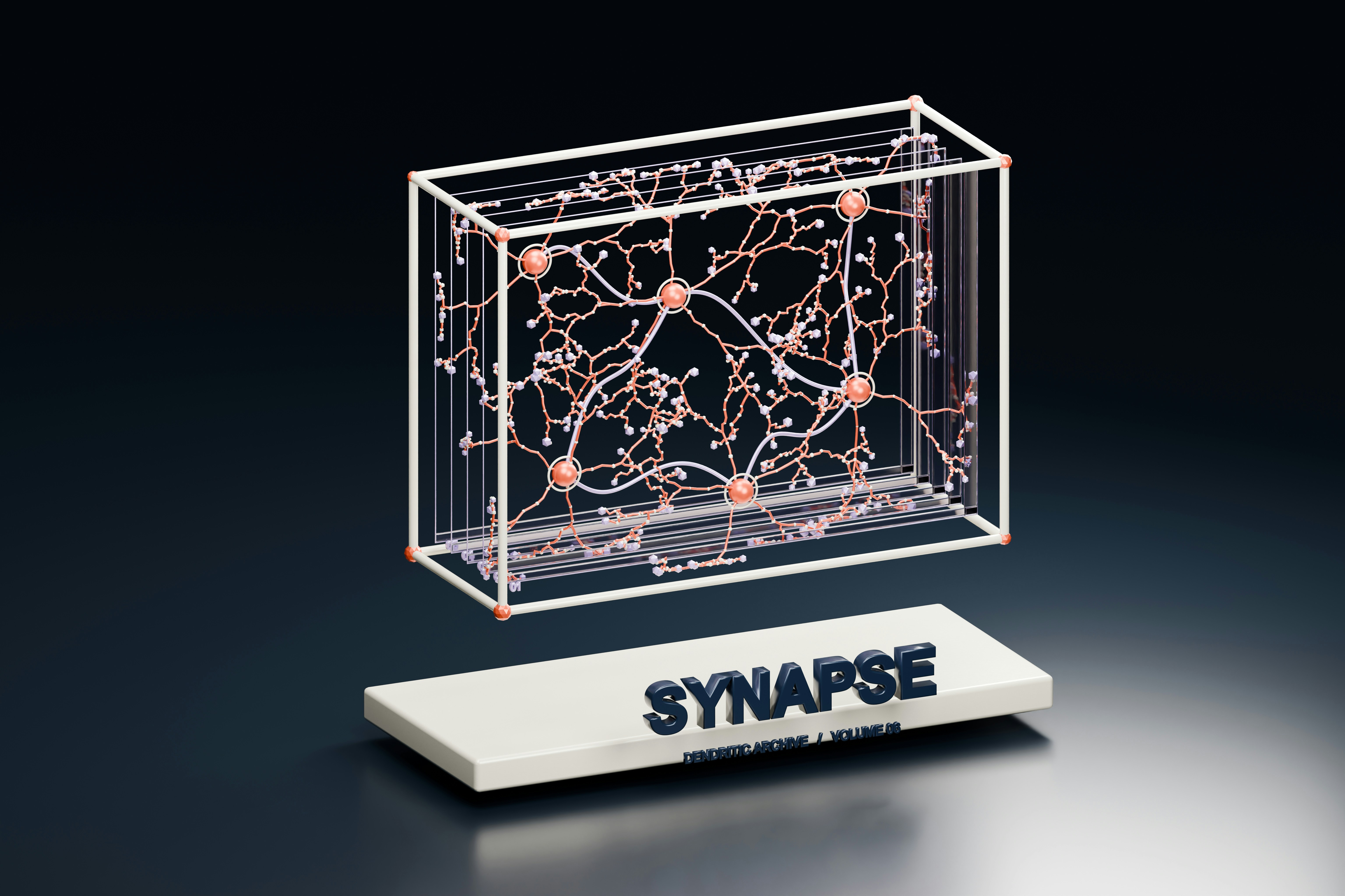 A wireframe cube containing a branching neural network with glowing nodes on a stand