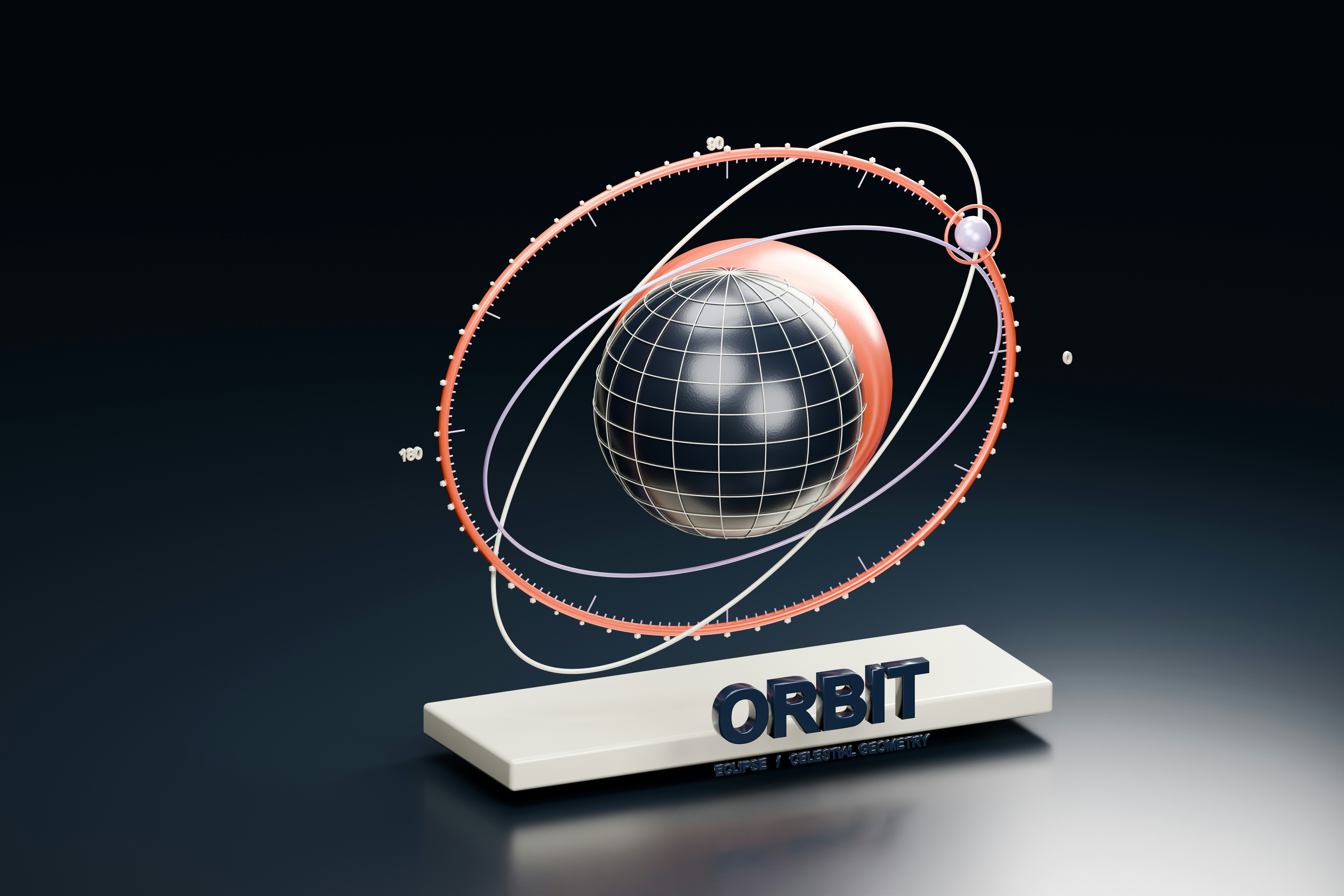 Layered eclipse forms, celestial rings and fine measurement marks create an orbit-inspired sculpture beside physical ORBIT lettering. This artistic 3D interpretation combines the visual language of astronomy with precise geometric composition. Coral and graphite materials. Oblique three-quarter composition.