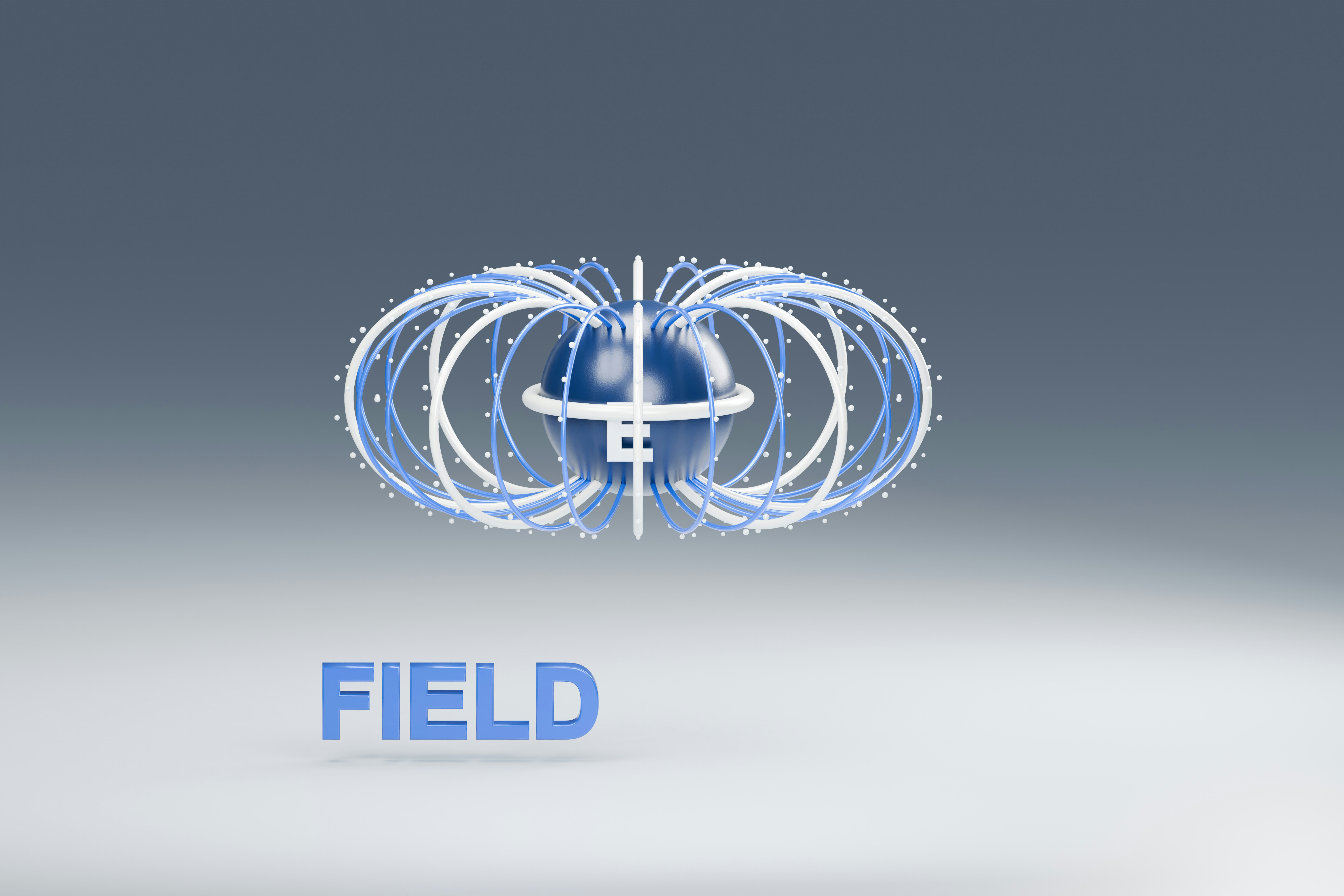 Sculptural flux lines surround a stylized magnetic dipole, paired with physical FIELD lettering. This science-inspired 3D composition gives an imagined visible form to magnetism through repeated curves and contrasting studio materials. Porcelain-white and cobalt-blue materials. Frontal composition.