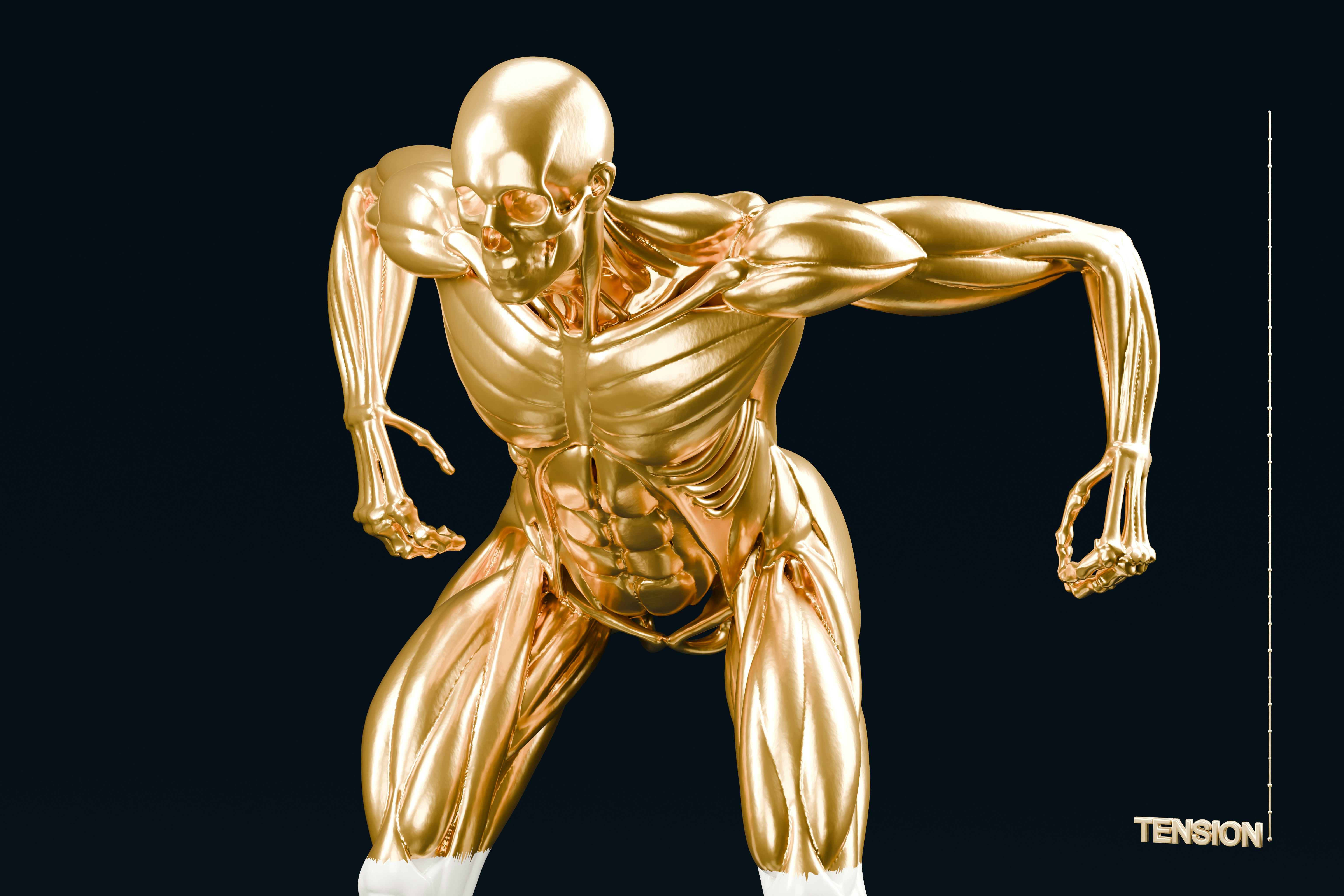 A golden anatomical human figure in a crouched pose against a black background