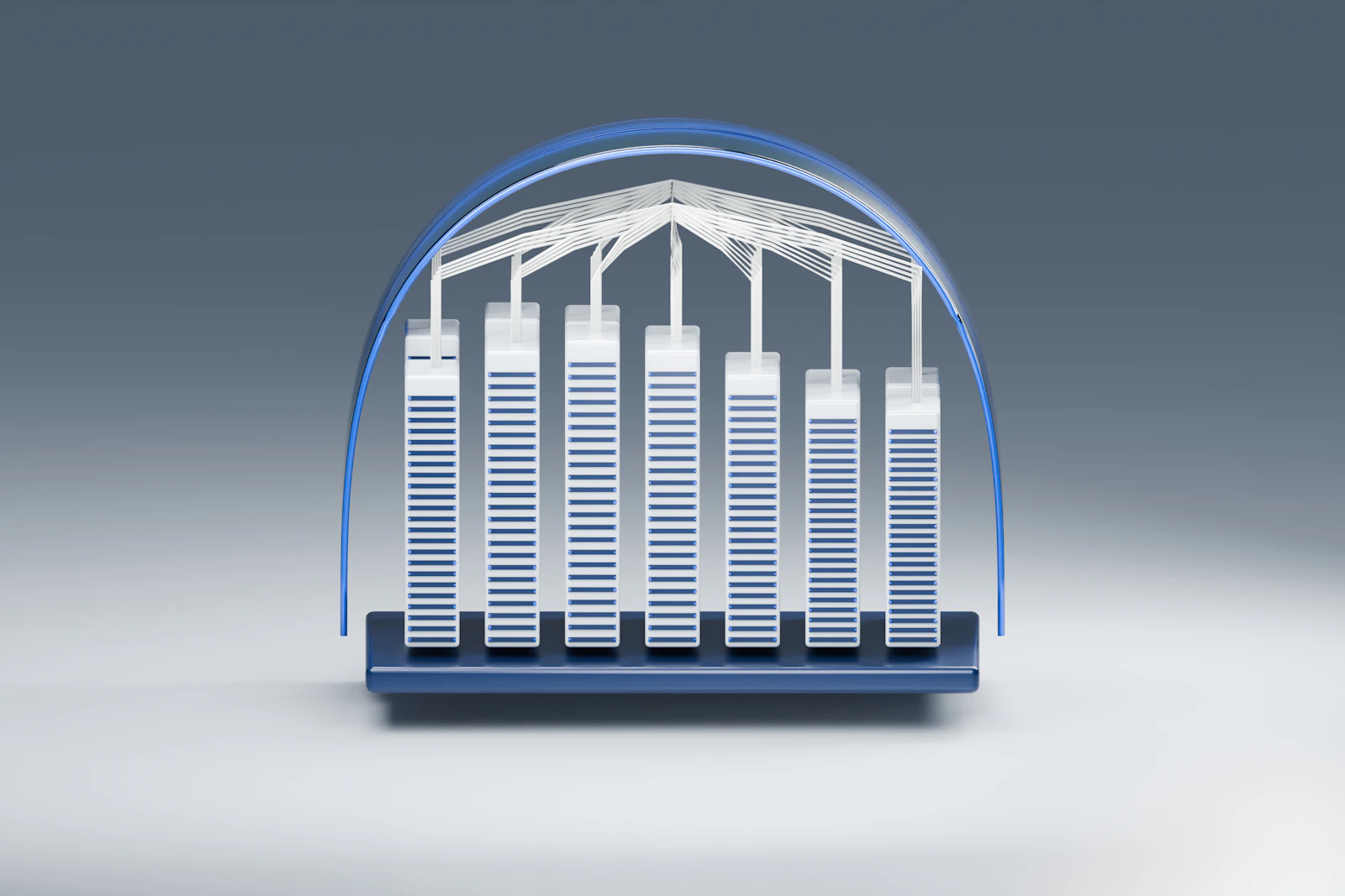 Illustration en 3D d'une architecture de serveurs sous une voûte bleue