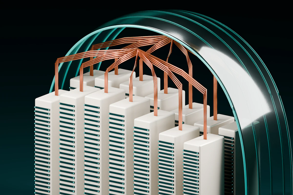 Server towers connected with cabling